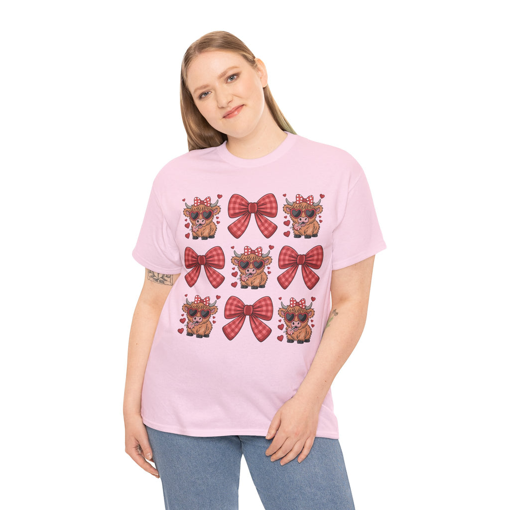 Valentine Cow Checkered Tee — Fluffy Cows with Heart Sunglasses & Red Bows..Unisex Cotton Tee
