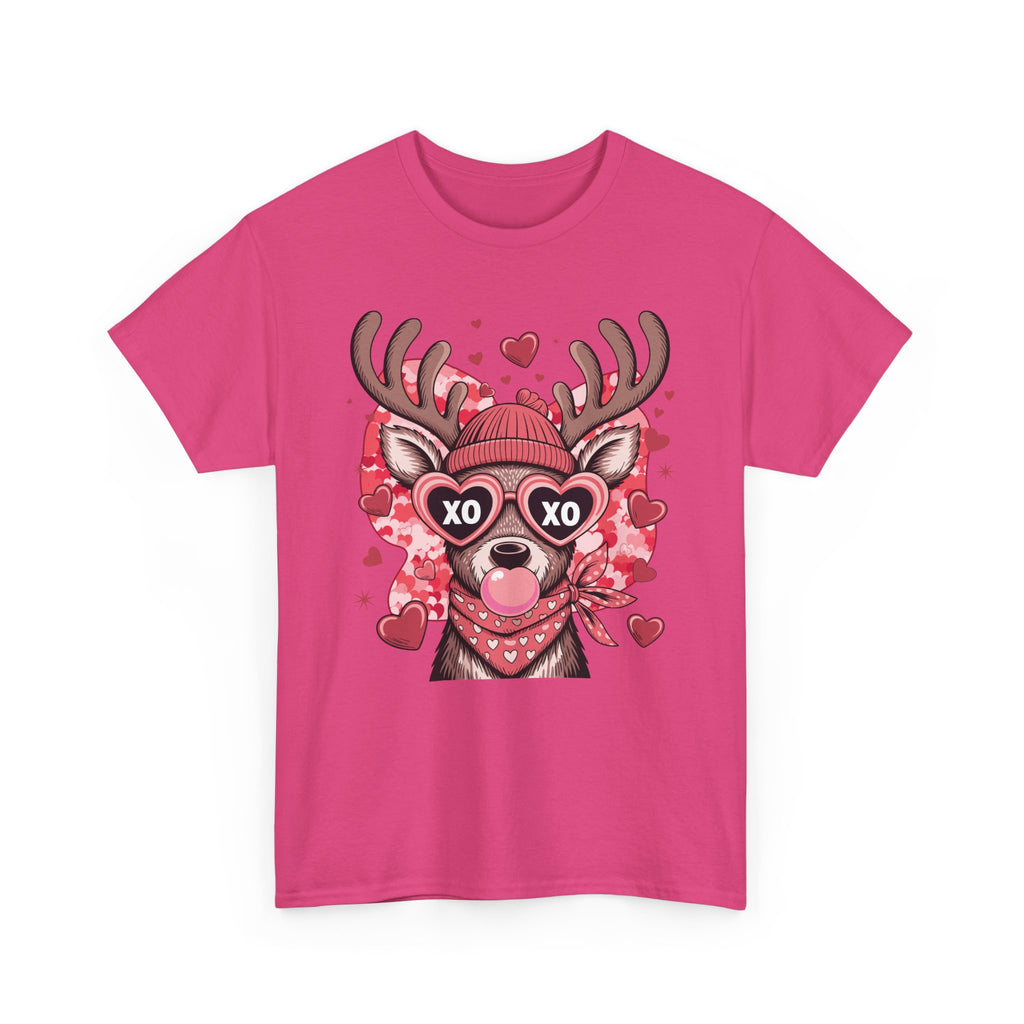 Valentine Deer Tee — Cute XO Heart Glasses, Beanie & Scarf Unisex Cotton Tshirt