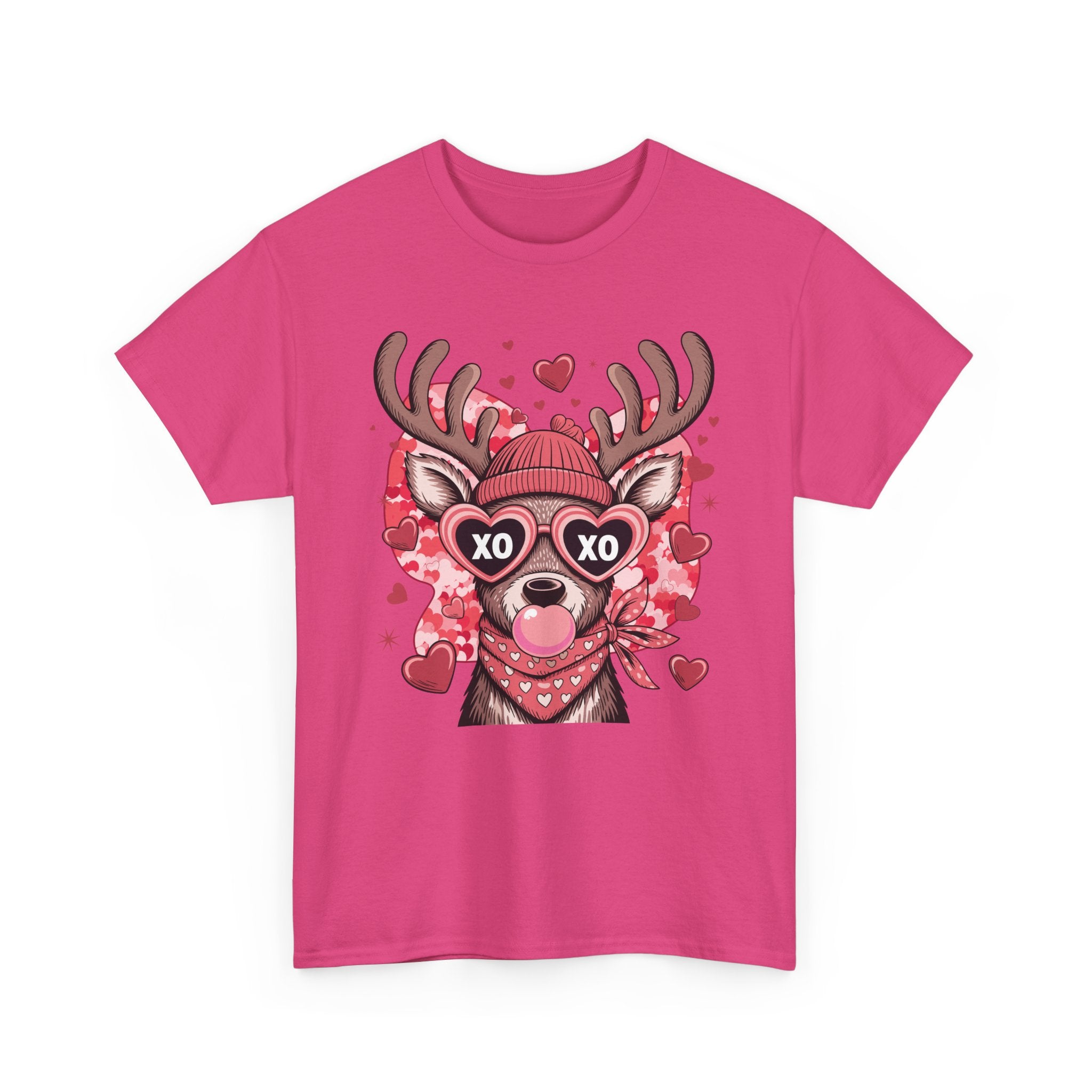 Valentine Deer Tee — Cute XO Heart Glasses, Beanie & Scarf Unisex Cotton Tshirt