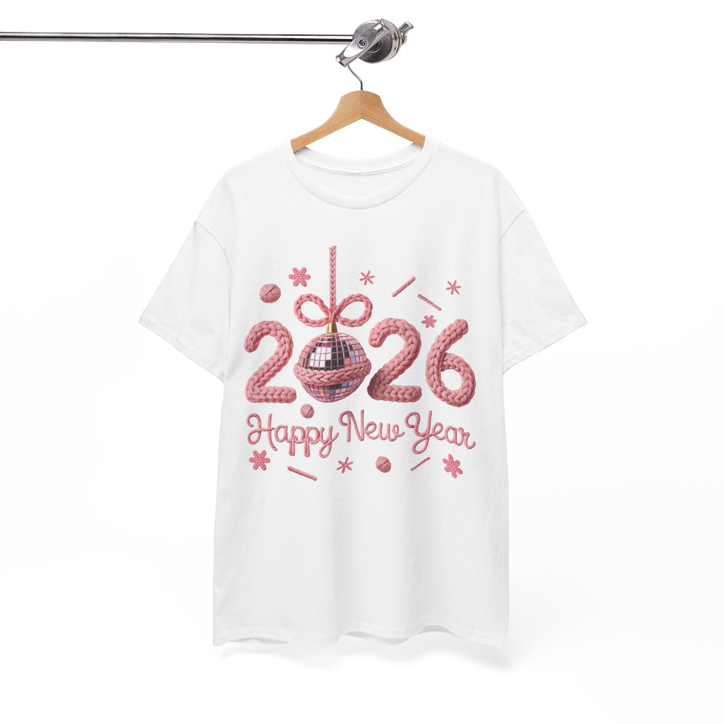 2026 Happy New Year Pink Knitted Disco Ball Unisex Cotton Tee