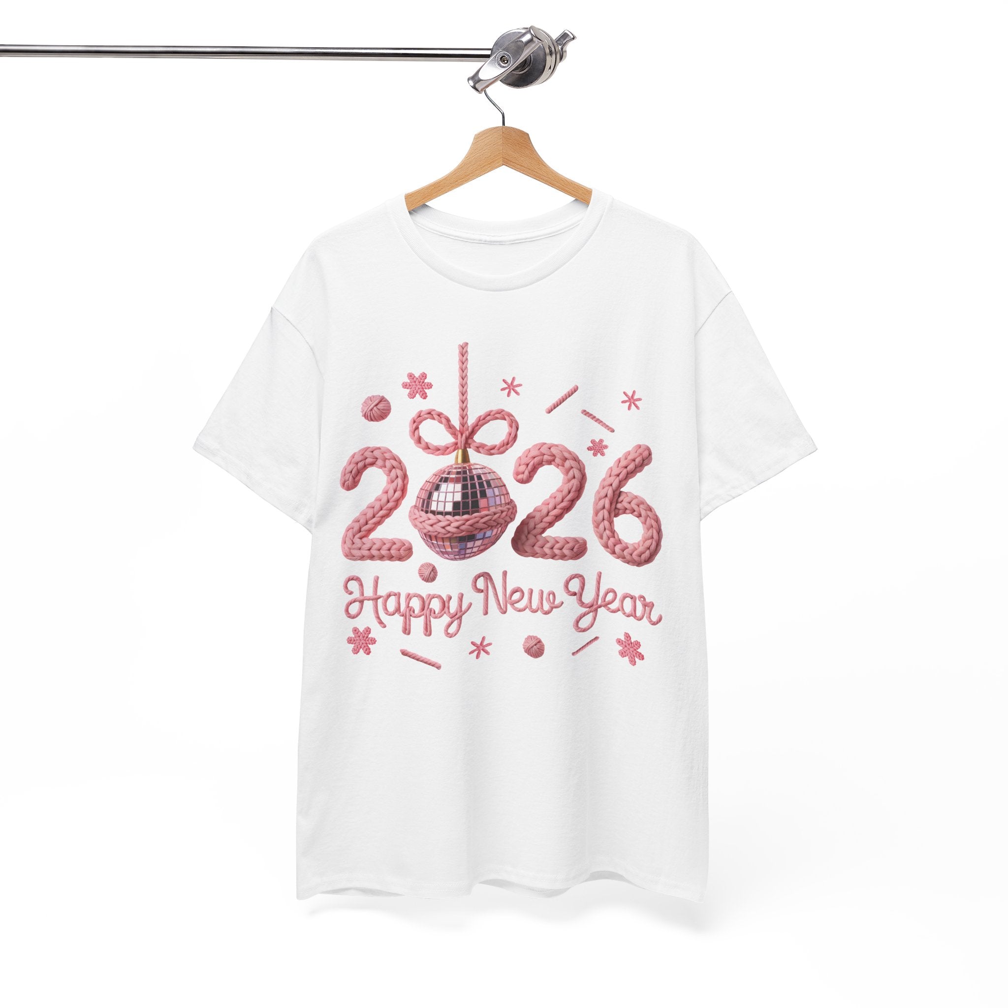 2026 Happy New Year Pink Knitted Disco Ball Unisex Cotton Tee