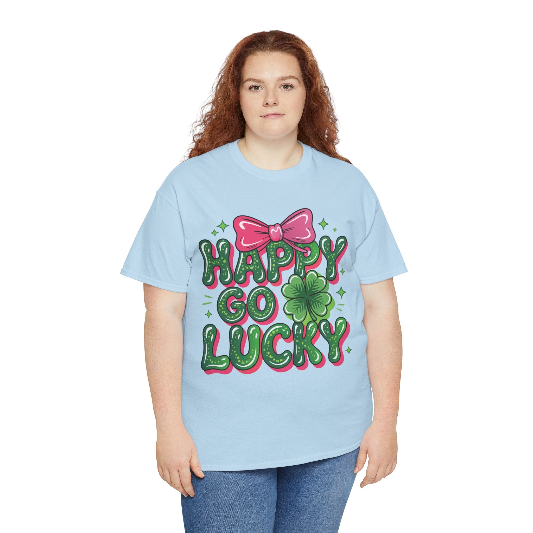 Happy Go Lucky Four-Leaf Clover Tee — Glossy Green Letters & Pink Bow Unisex Cotton Tee