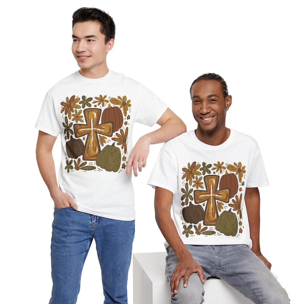 Autumn Cross Tee — Rustic Pumpkin & Fall Floral Christian Unisaex Cotton T-Shirt