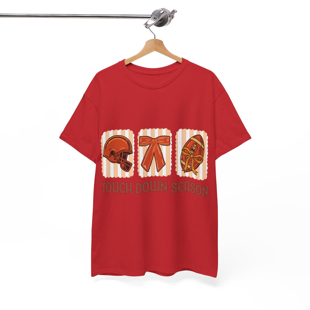 Touch Down Season Football Tee — Striped Fall Helmet & Bow Design Unisex Cotton Tee