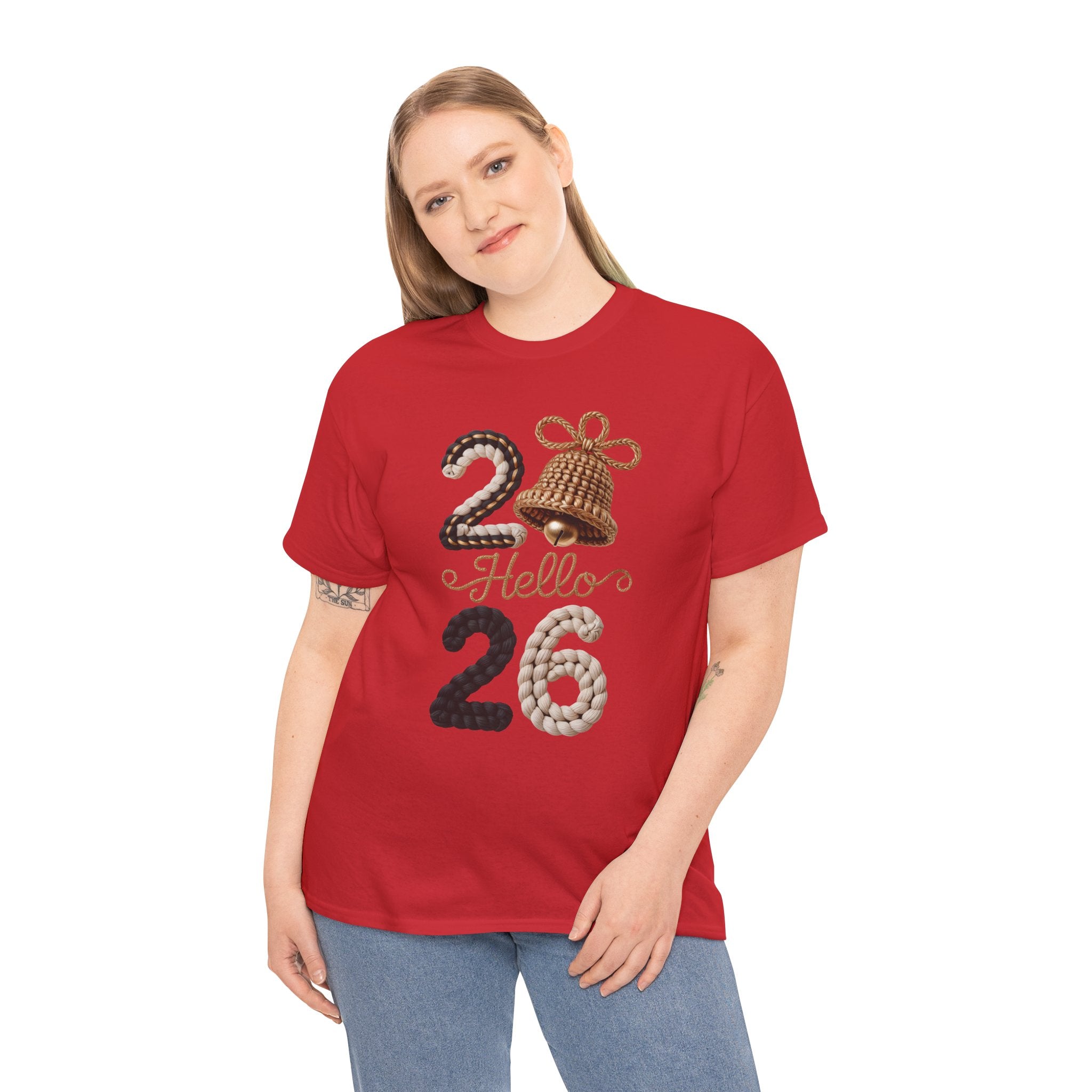Hello 2026 Tee — Cozy Faux Yarn Braided Numbers with Woven Golden Bell..Unisex Cotton Tee