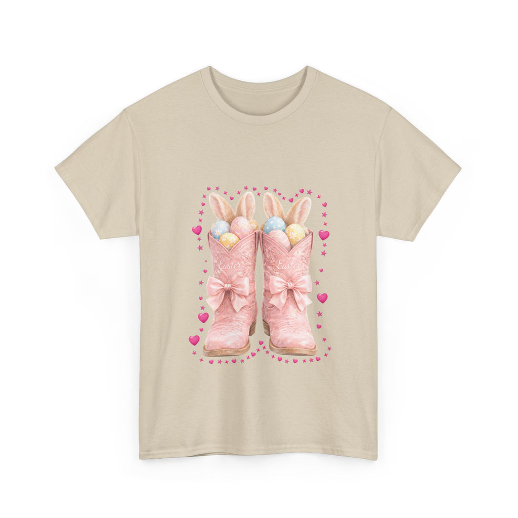 Easter Pink Western Boots Tee — Pastel Bunny Eggs & Bows Unisex Cotton Tee