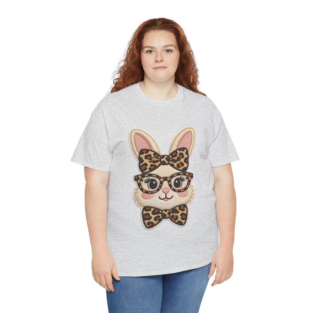 Leopard Bow Bunny Embroidered Tee — Cute Bunny Face with Glasses Patch Unisex Cotton Tee
