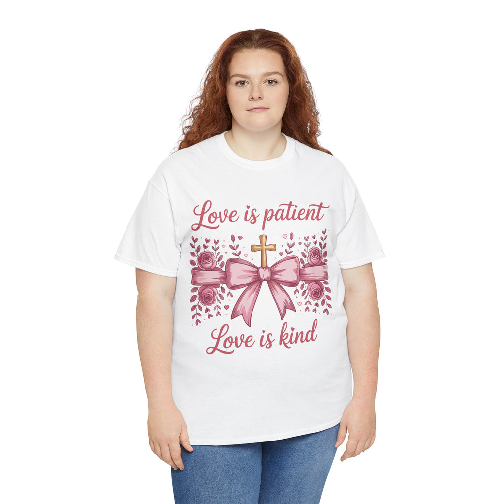 Christian Floral Tee — "Love is Patient, Love is Kind" Pink Rose Cross. Unisex Cotton Tee