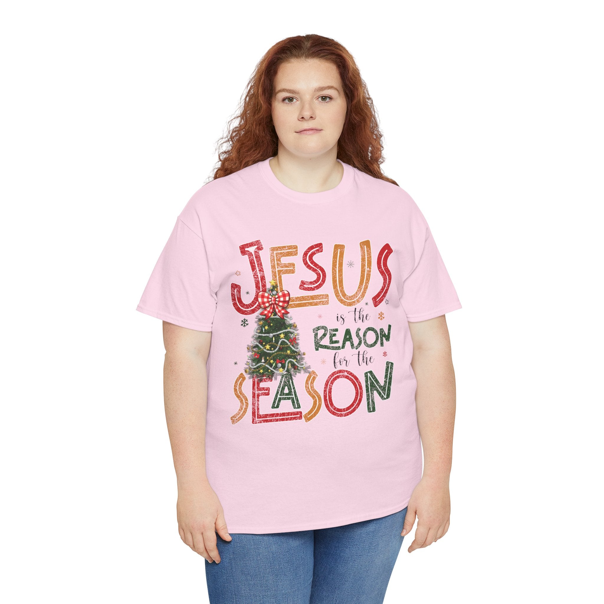 Jesus Is the Reason for the Season Christmas T-Shirt — Plaid Bow Tree..Unisex Cotton Tee