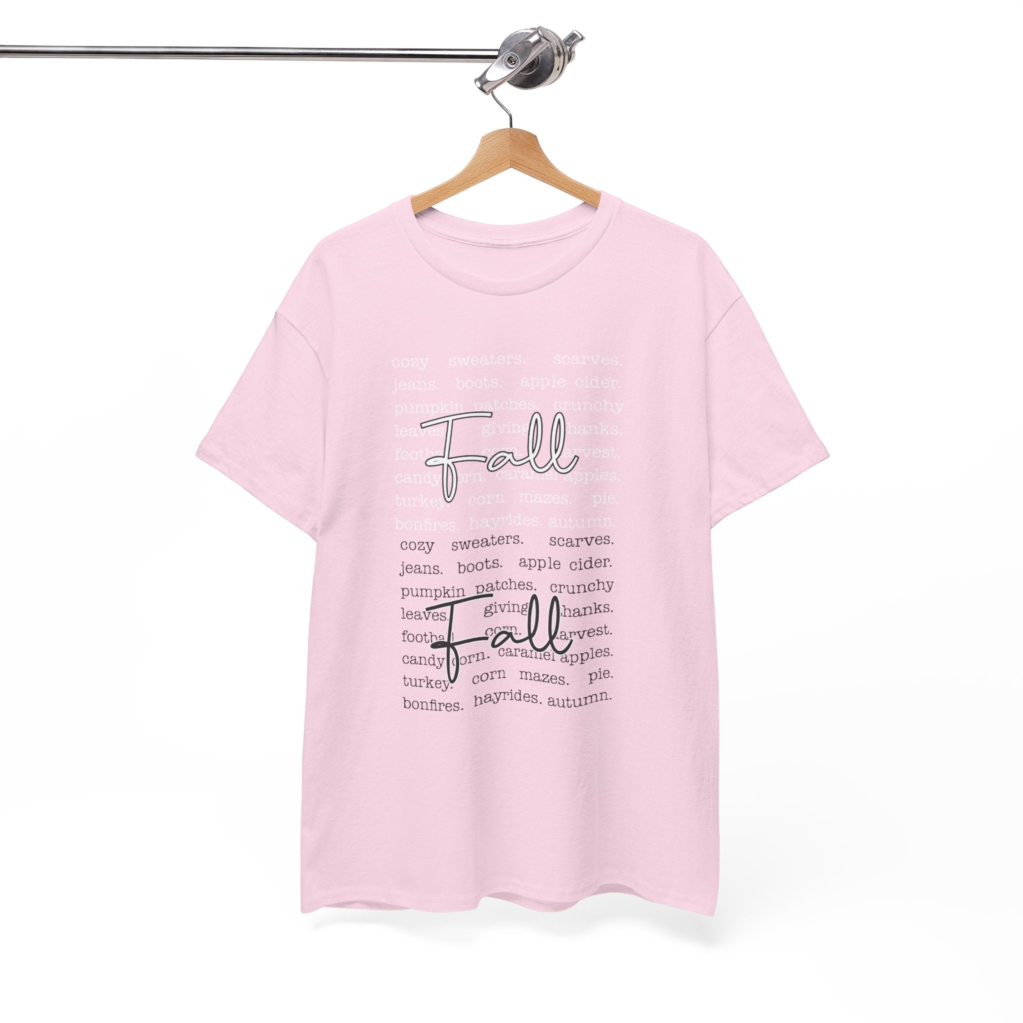 Fall Cursive Typography T-Shirt — Sweaters, Cider & Pumpkins. Unisex Cotton Tee