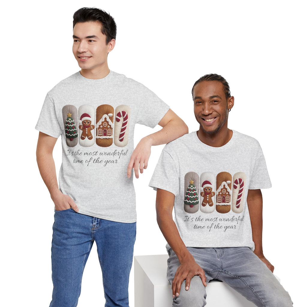 Christmas Faux-Yarn Tree Tee — Gingerbread House & Candy Cane Holiday Unisex Cotton T-Shirt
