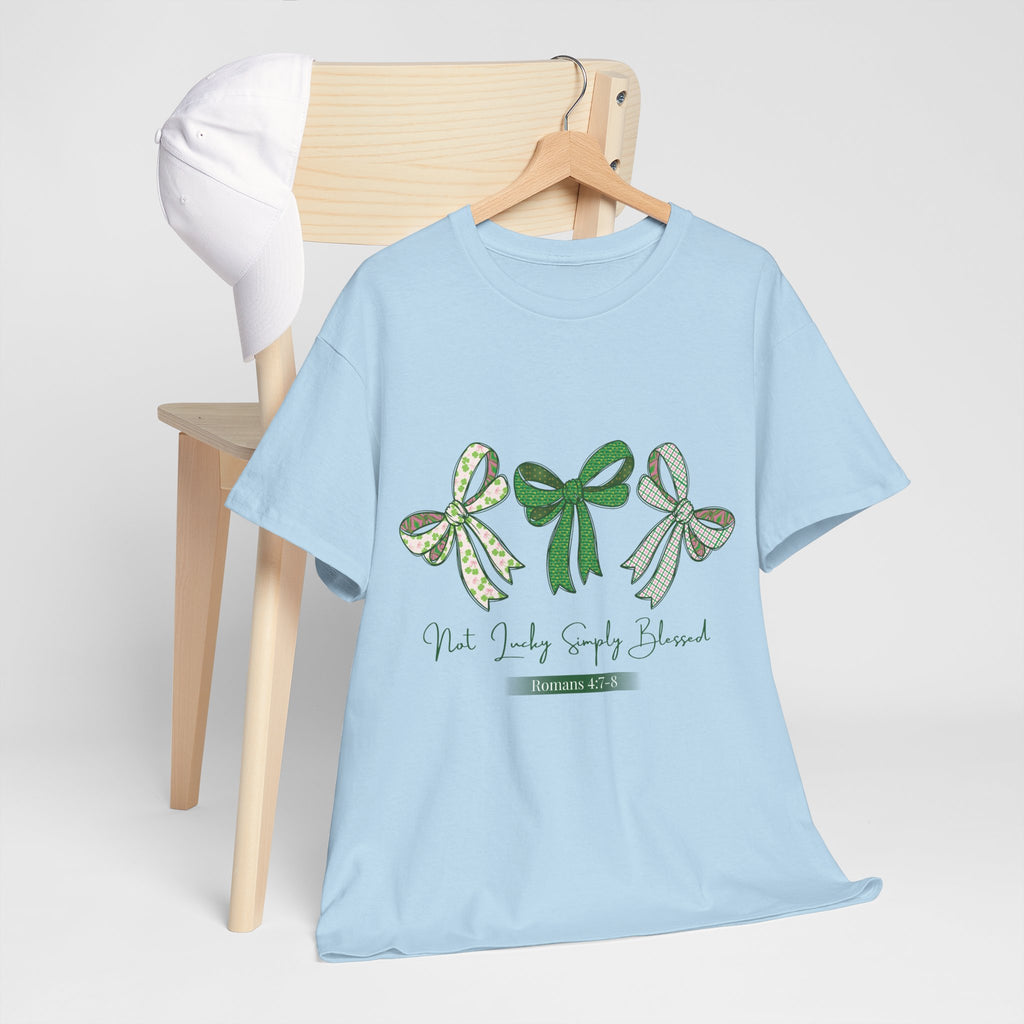 Not Lucky Simply Blessed Tee — Romans 4:7-8 Green Bow Christian Unisex Cotton T-Shirt