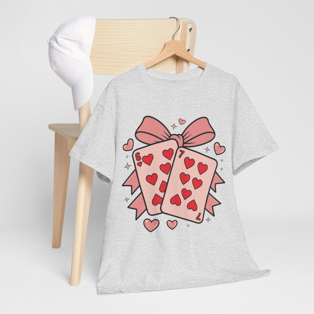 6 & 7 of Hearts T-Shirt — Paired Playing Cards with Pink Bow Unisex Cotton Tee