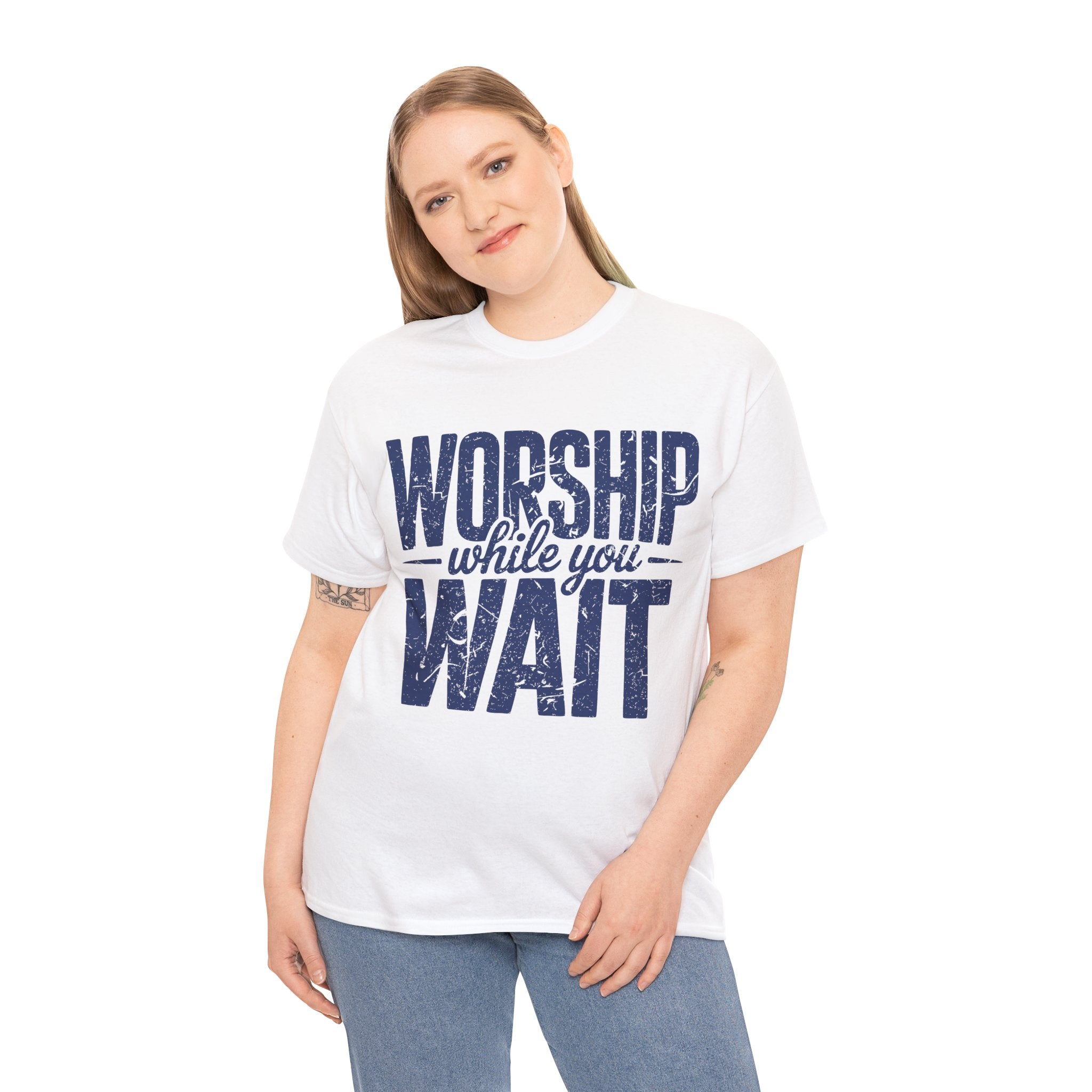 Worship While You Wait T‑Shirt — Distressed Pastel Blue Faith Unisex Cotton Tee