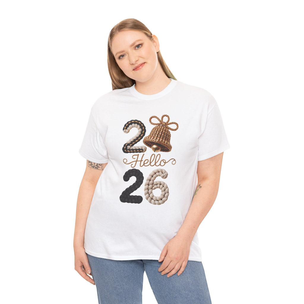 Hello 2026 Tee — Cozy Faux Yarn Braided Numbers with Woven Golden Bell..Unisex Cotton Tee