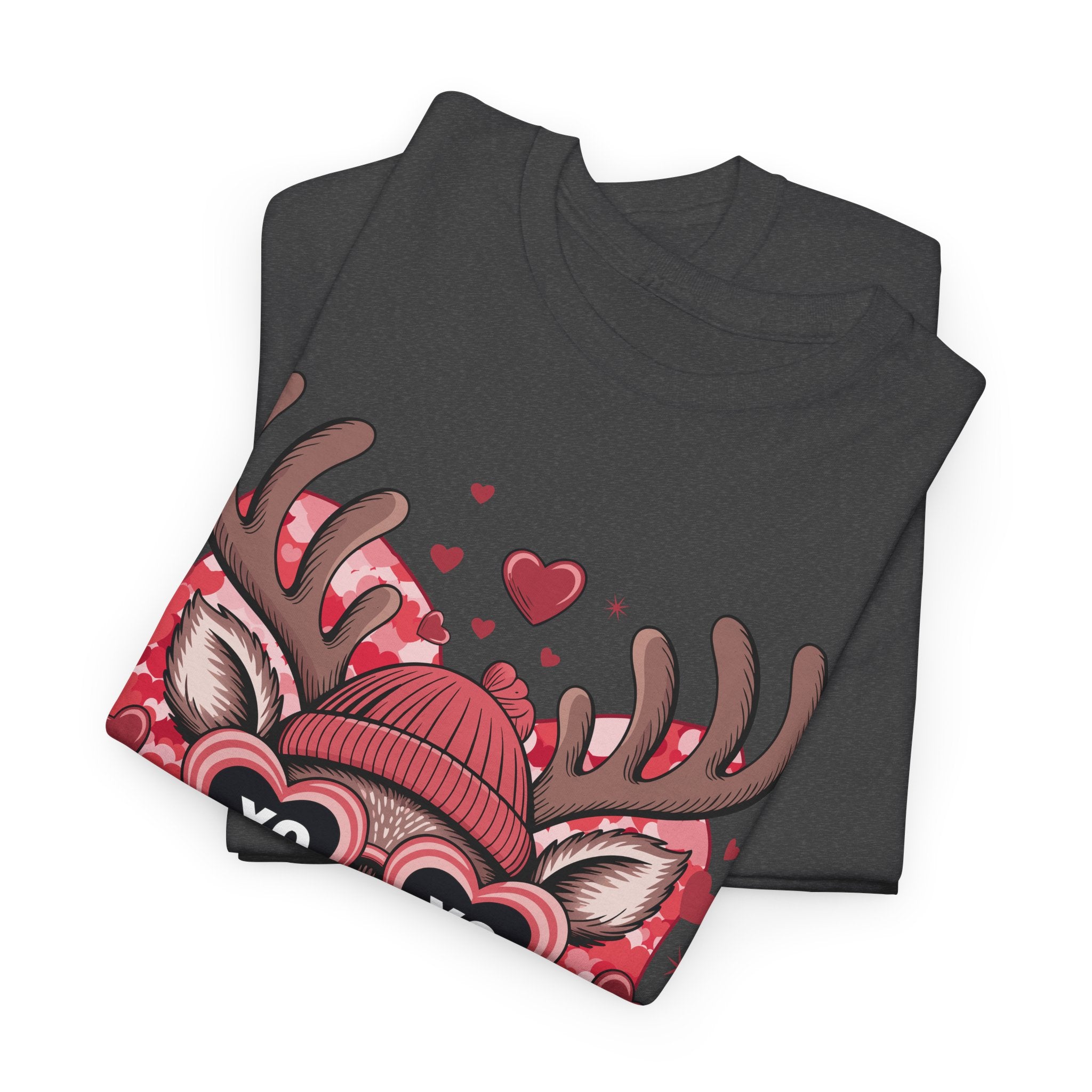 Valentine Deer Tee — Cute XO Heart Glasses, Beanie & Scarf Unisex Cotton Tshirt