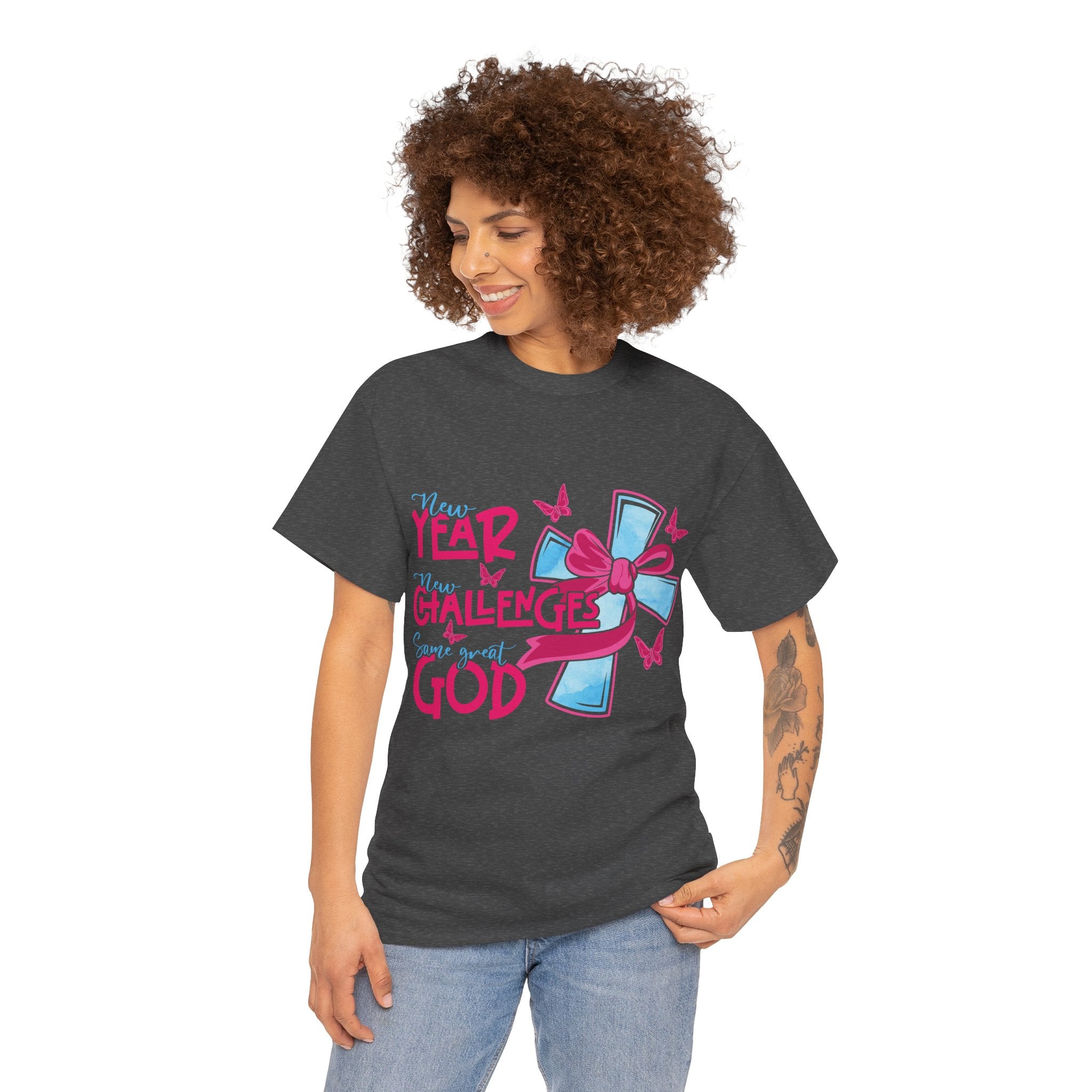 Christian T-Shirt — “New Year, New Challenges, Same Great God” with Pink Bow Cross & Butterflies. Unisex Cotton Tee