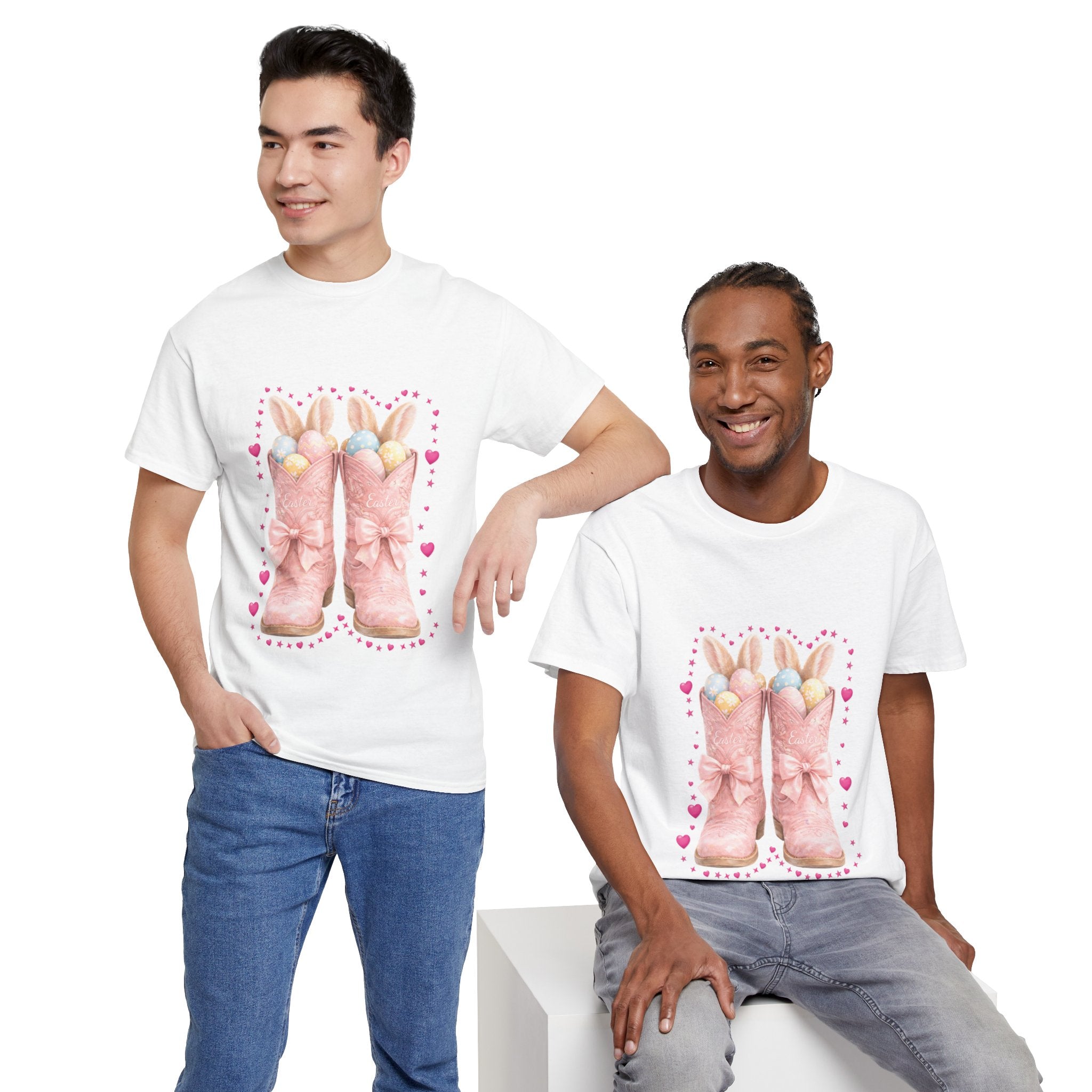 Easter Pink Western Boots Tee — Pastel Bunny Eggs & Bows Unisex Cotton Tee