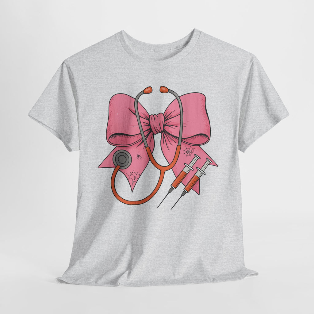 Halloween Nurse T‑Shirt — Pink Nurse Bow with Stethoscope, Syringes & Spider Webs..Unisex Cotton Tee