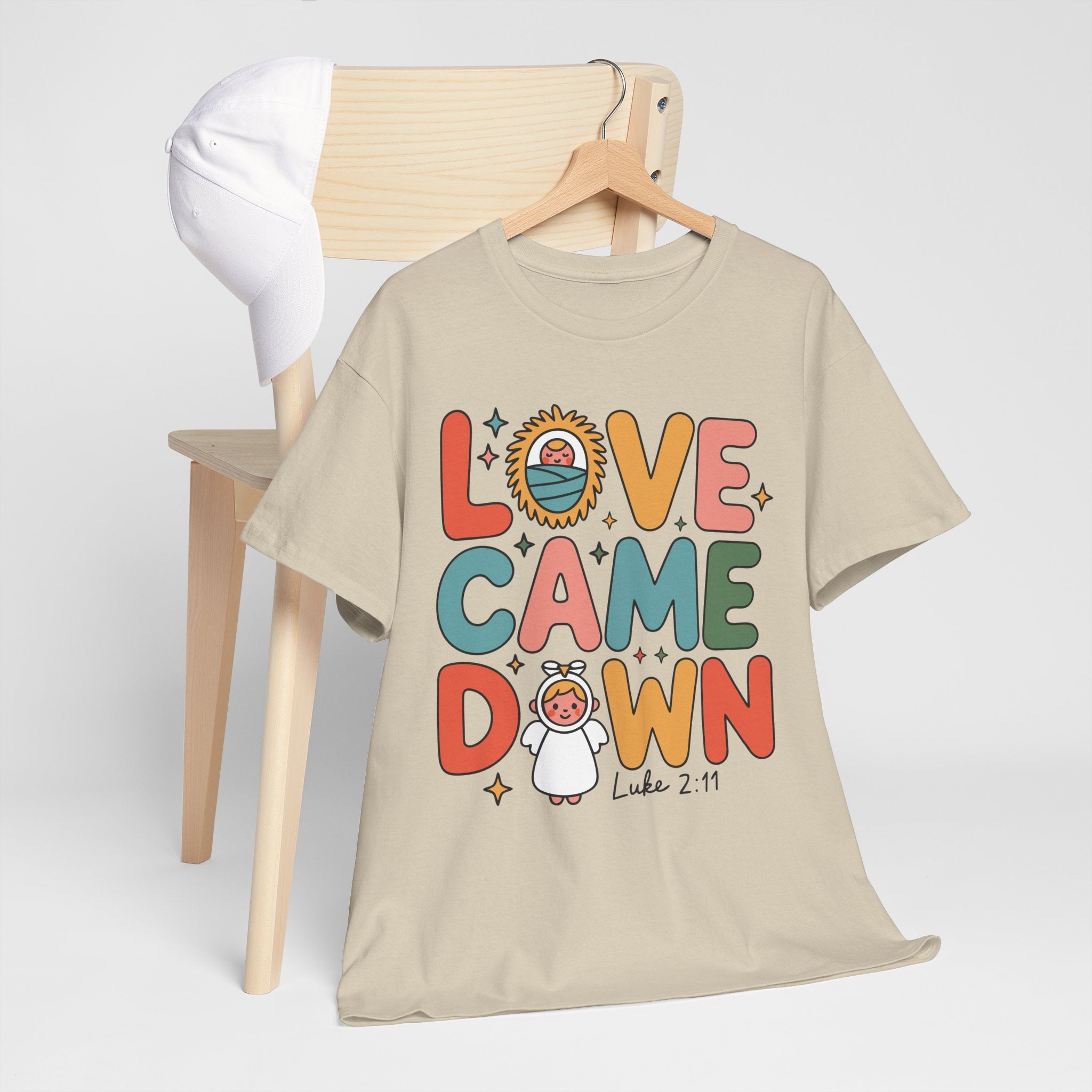 Love Came Down Christmas Tee — Baby Jesus Manger Angel (Luke 2:11)..Unisex Cotton Tee