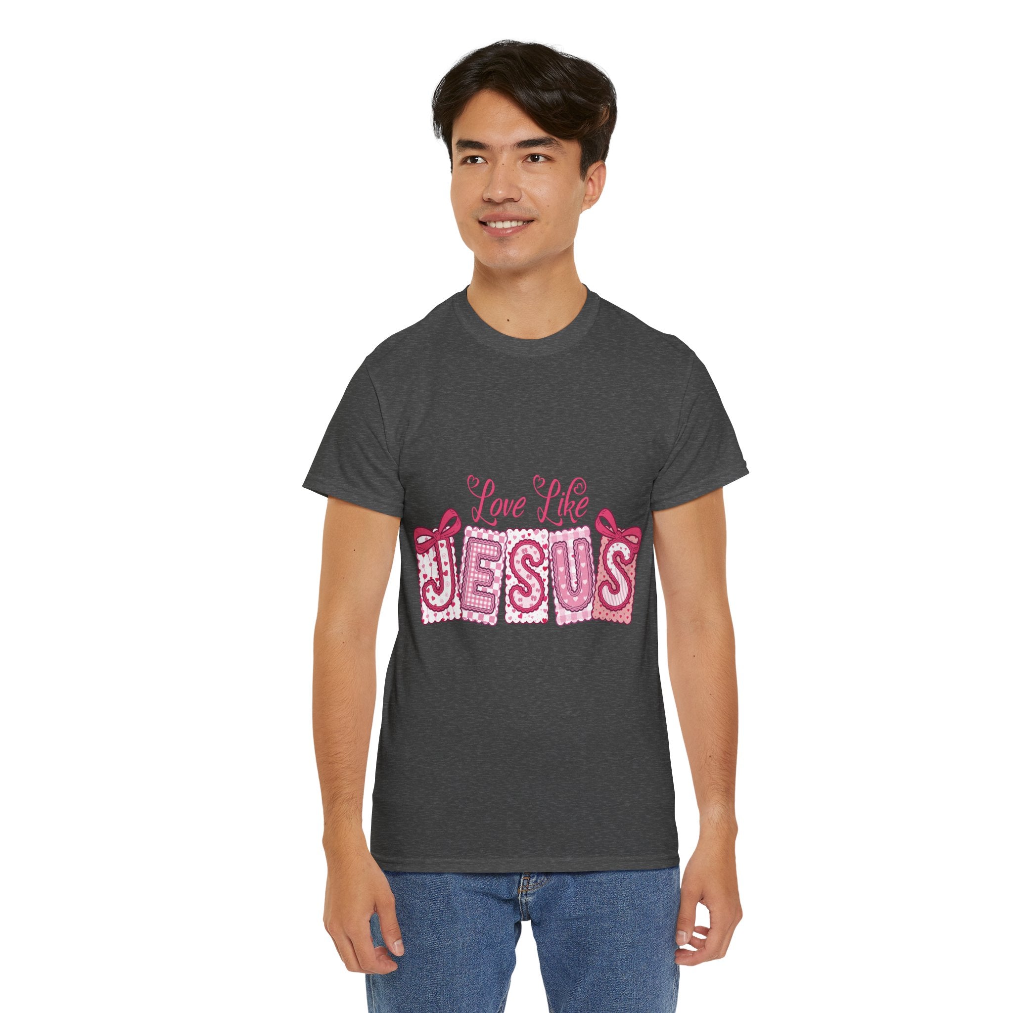 Love Like Jesus Patchwork Tee — Pink Stitched Heart Graphic.Unisex Cotton Tee