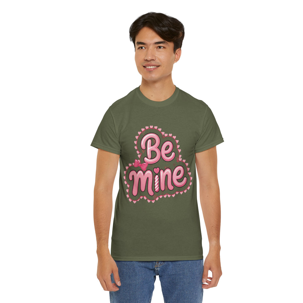Be Mine Valentine T-Shirt — Pink Bubble Letters with Hearts & Bow..Unisex Cotton Tee