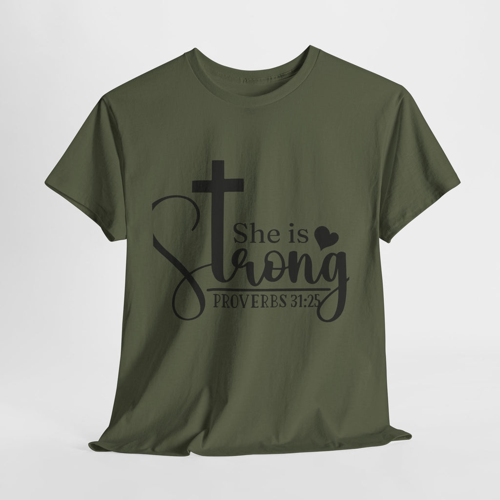 Proverbs 31:25 'She is Strong' T-Shirt – Christian Cross & Heart Unisex Cotton Tee