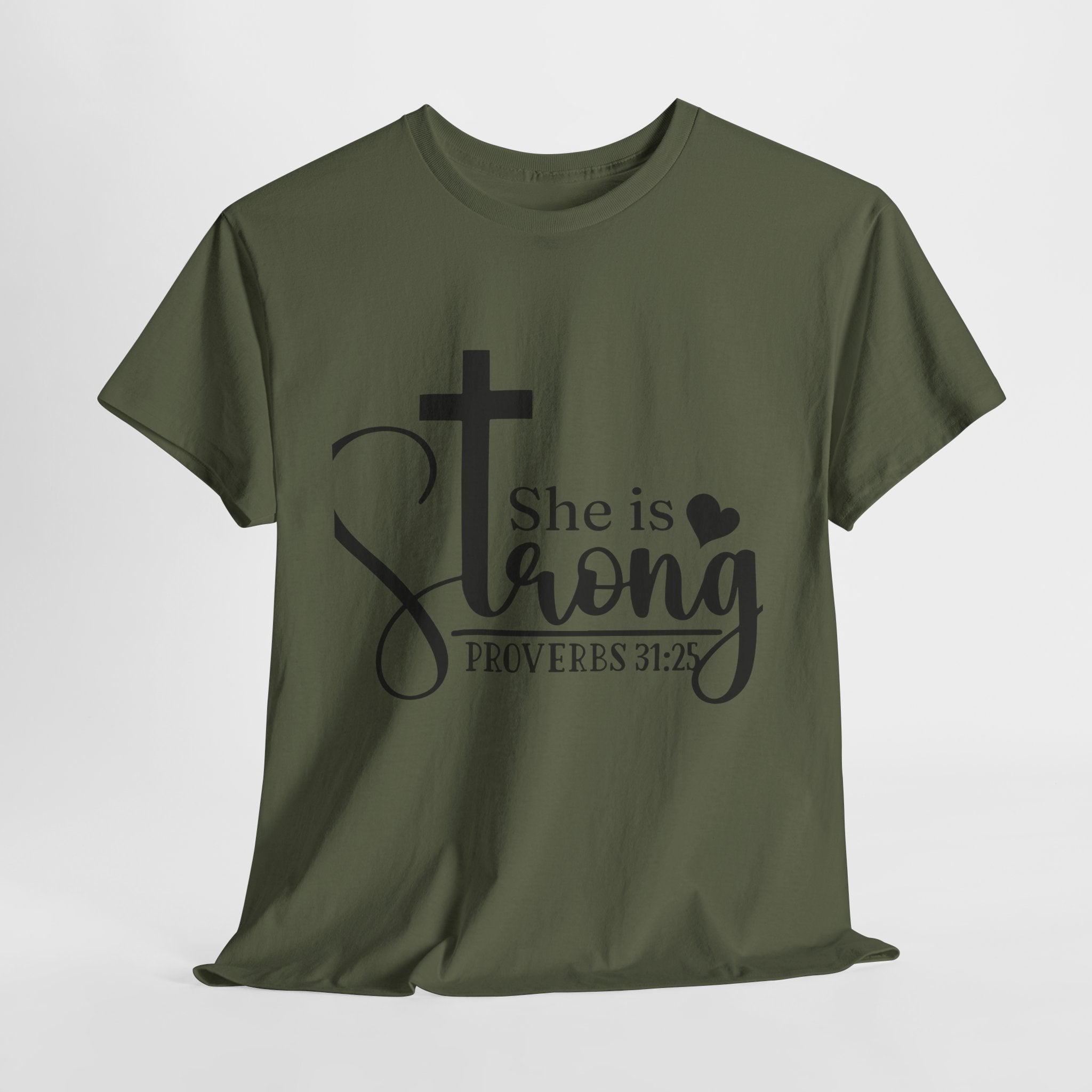 Proverbs 31:25 'She is Strong' T-Shirt – Christian Cross & Heart Unisex Cotton Tee