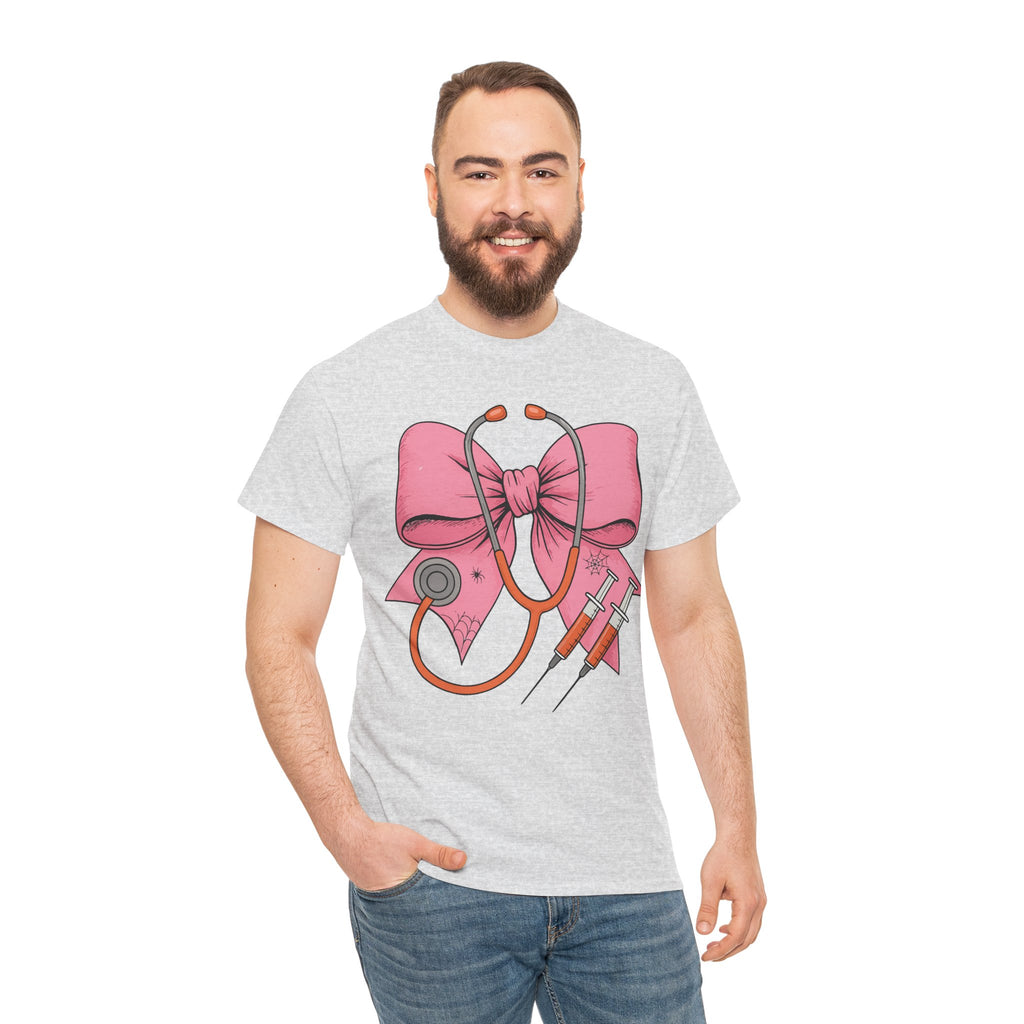 Halloween Nurse T‑Shirt — Pink Nurse Bow with Stethoscope, Syringes & Spider Webs..Unisex Cotton Tee