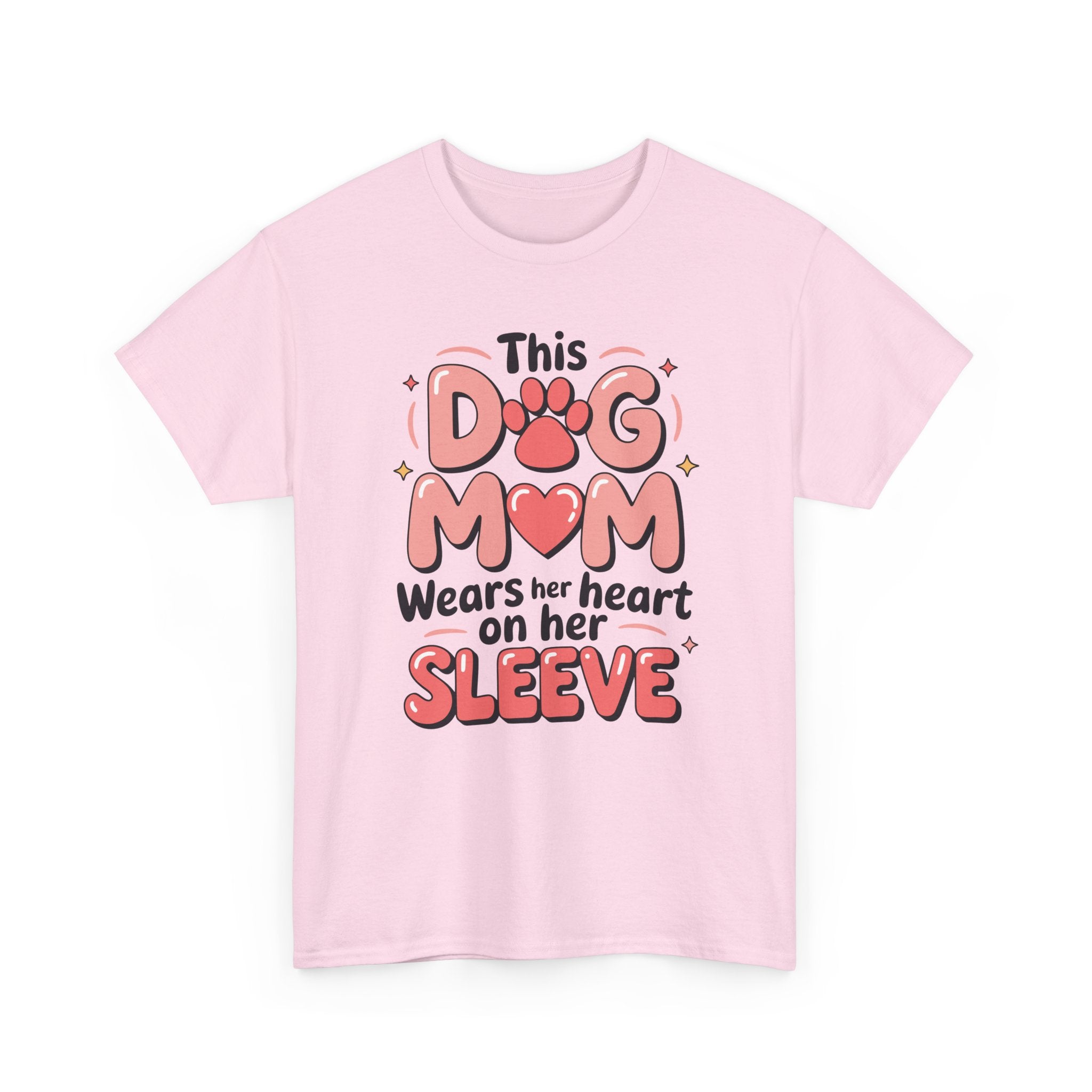 Dog Mom T-Shirt — "This Dog Mom Wears Her Heart on Her Sleeve" Paw & Heart Unisex Cotton Tee