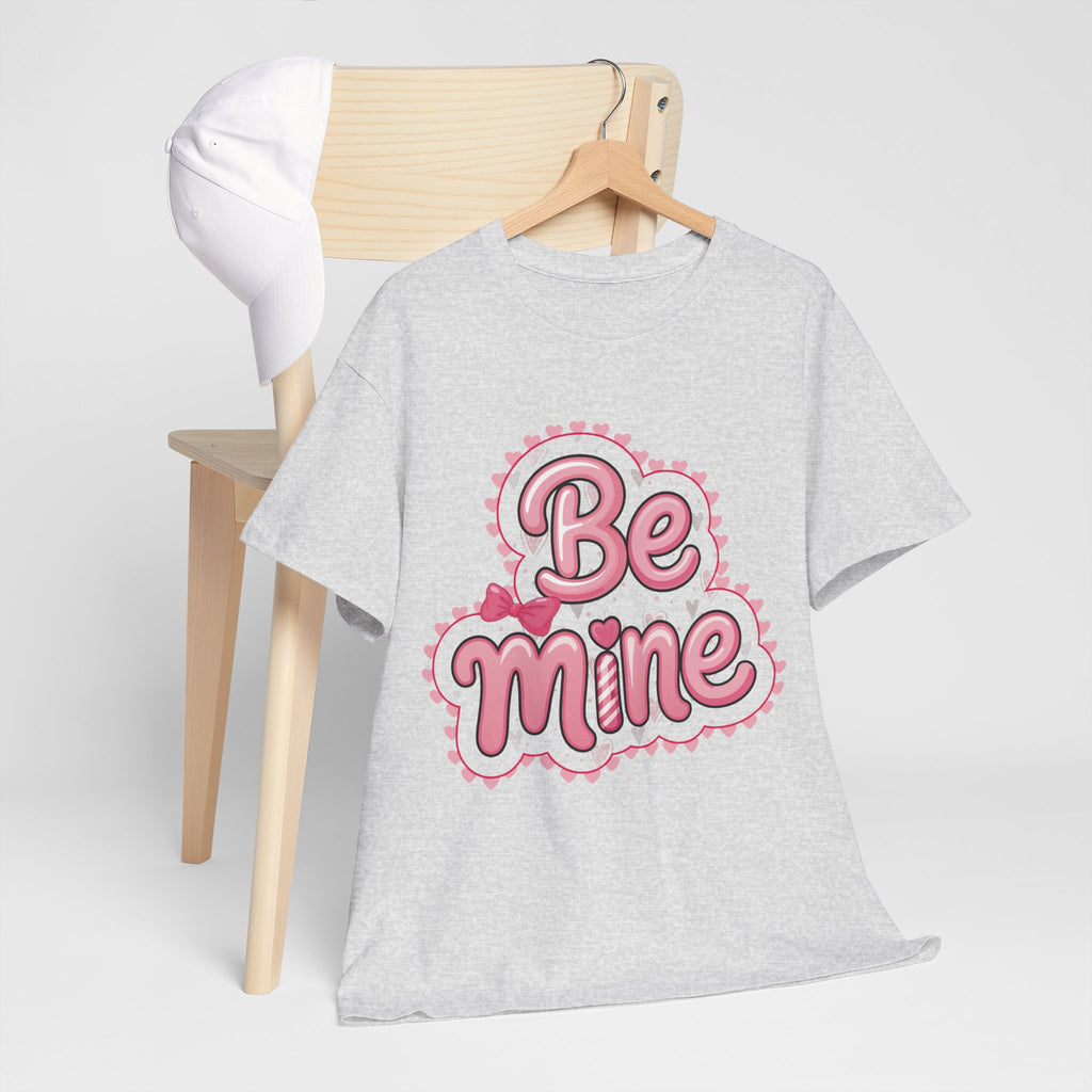 Be Mine Valentine T-Shirt — Pink Bubble Letters with Hearts & Bow..Unisex Cotton Tee