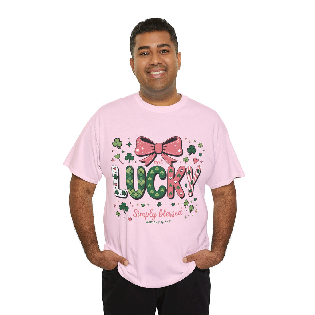 Simply Blessed Tee — “Not Lucky, Simply Blessed” with Pastel Bow, Clovers & Romans 4:7-8 Unisex Cotton Tee
