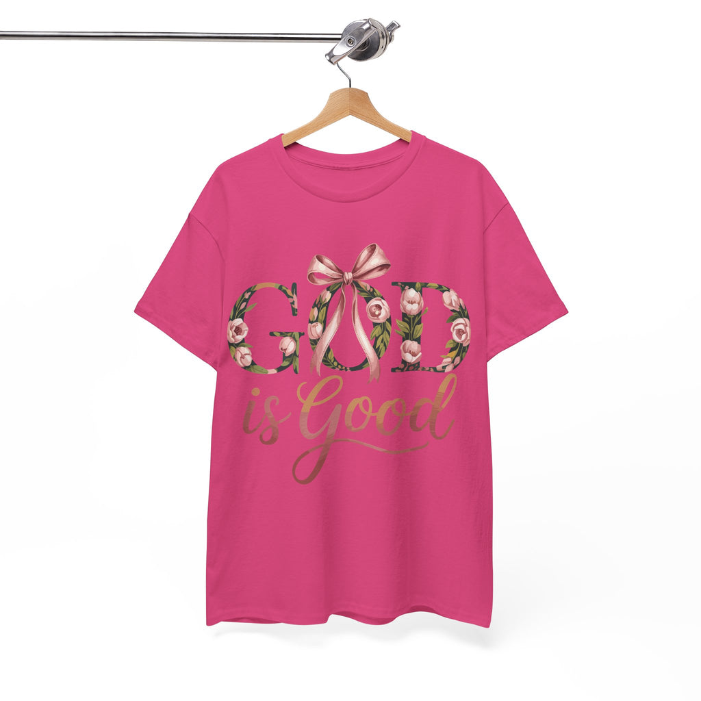 God Is Good Pink Rose Tee — Floral Ribbon Faith Unisex Cotton T-Shirt
