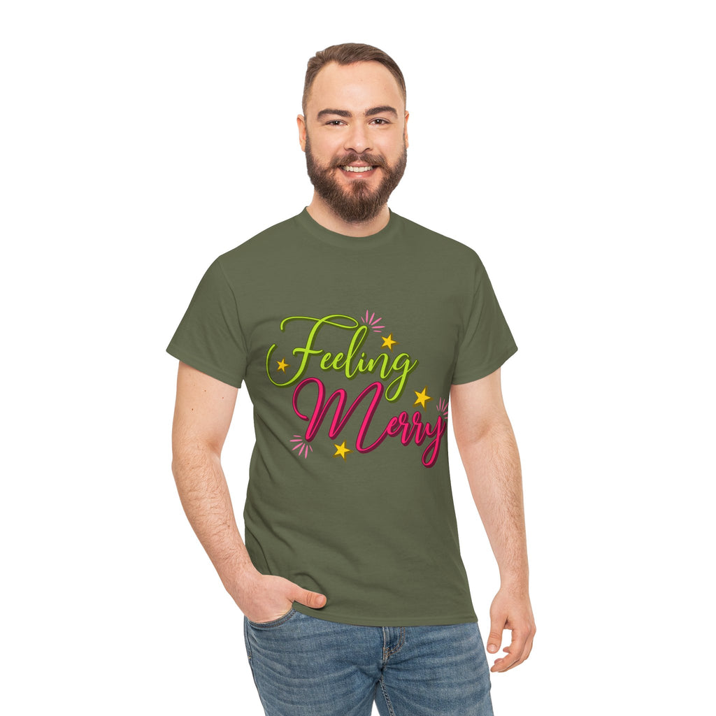 Feeling Merry T-Shirt — Bright Green & Pink Holiday Tee with Stars.Unisex Cotton Tee