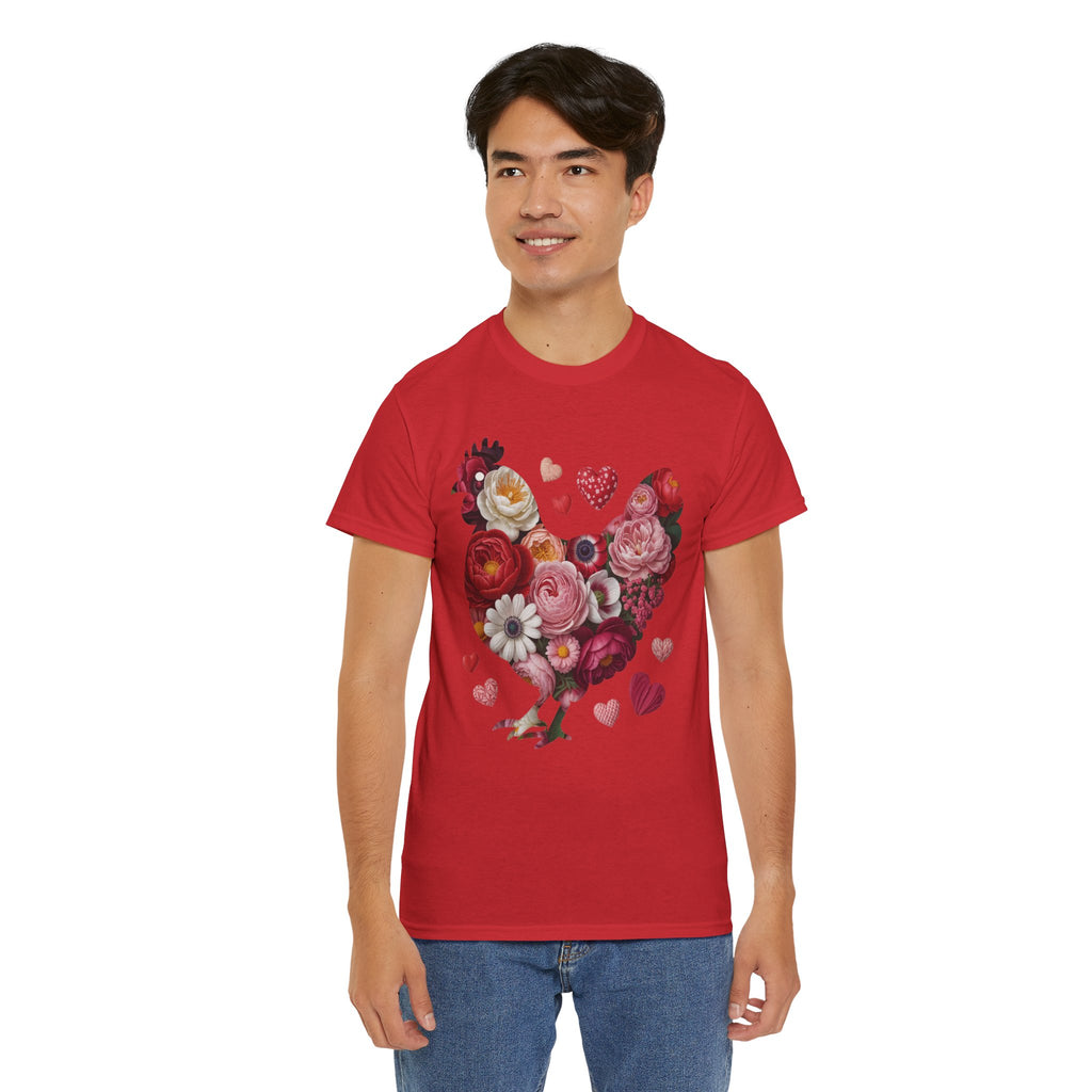 Floral Chicken Heart Tee — Red & Pink Flower Silhouette Unisex Cotton Tee