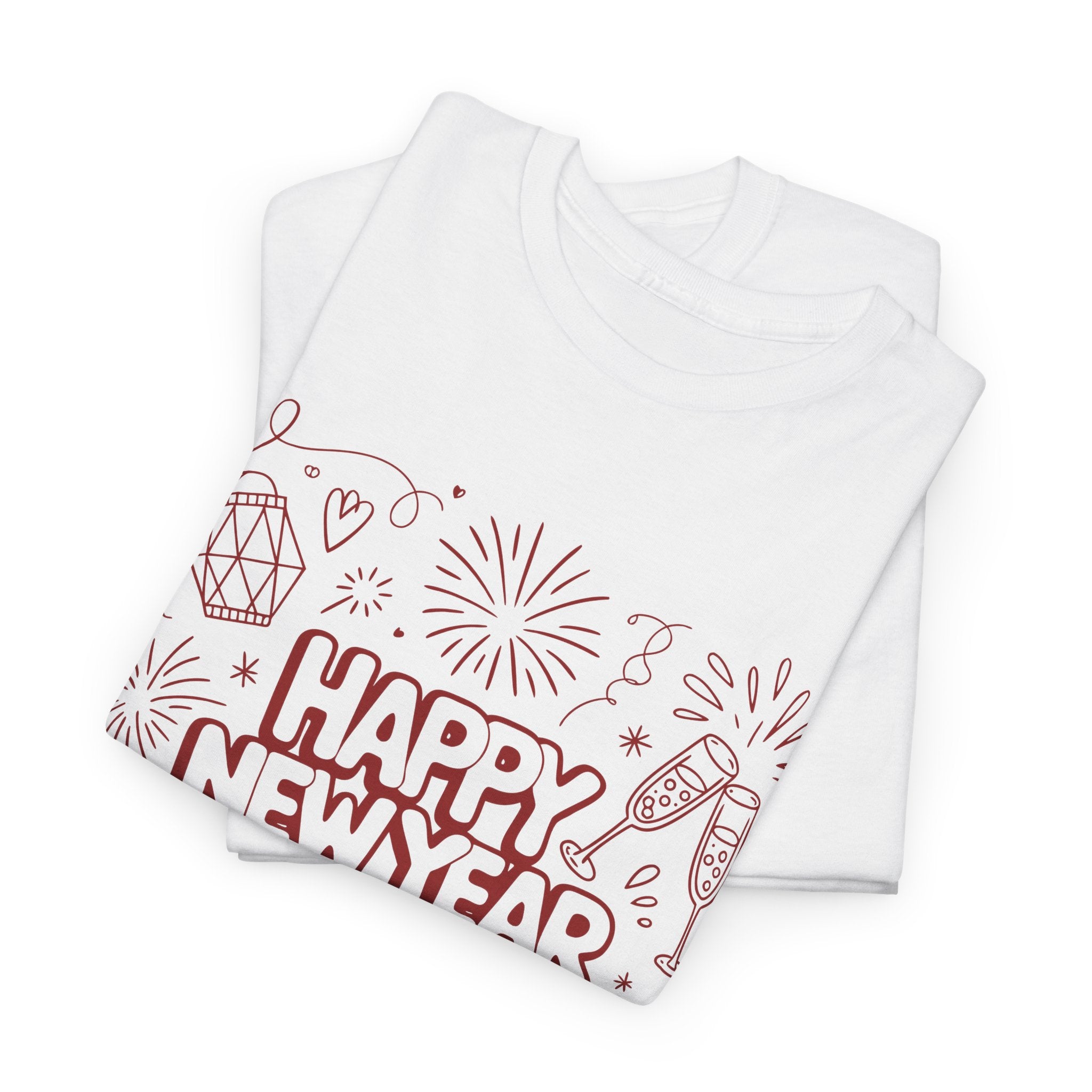 Happy New Year 2026 Doodle T-Shirt — Pink Party Icons & Champagne Unisex Cotton Tee