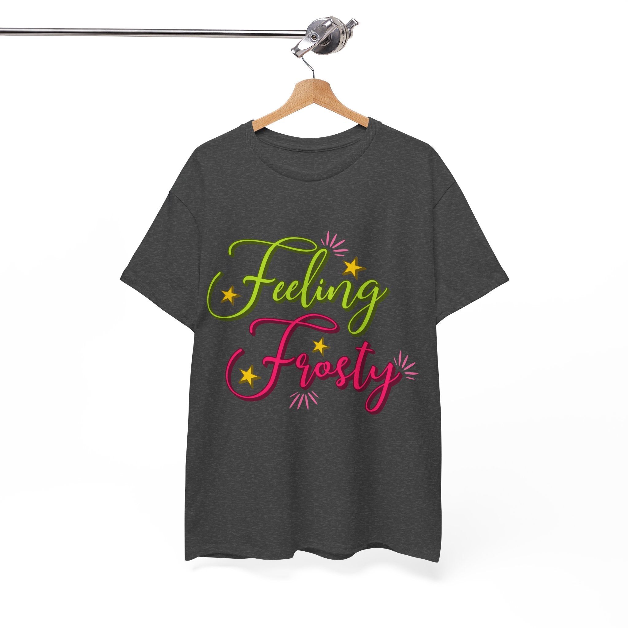 Feeling Frosty Holiday T-Shirt — Green & Pink Script Stars.Unisex Cotton Tee
