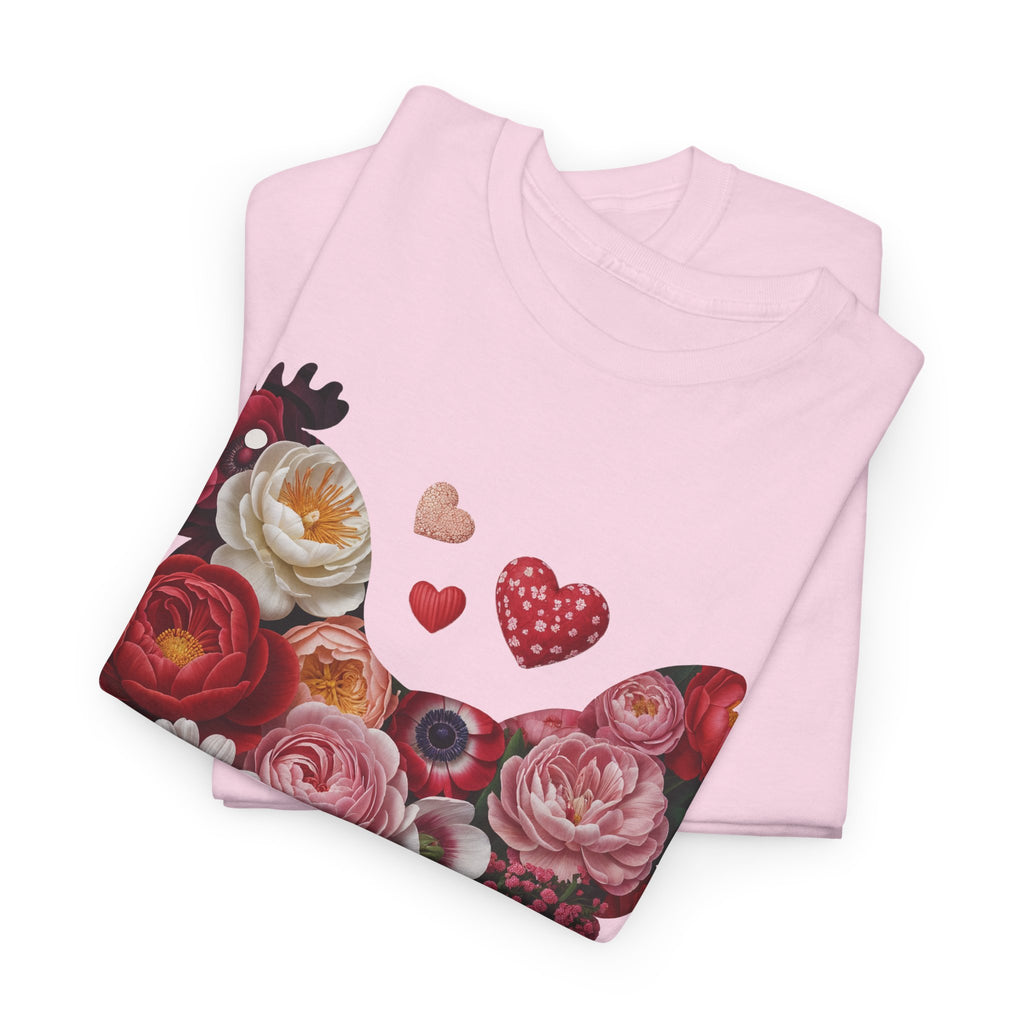 Floral Chicken Heart Tee — Red & Pink Flower Silhouette Unisex Cotton Tee