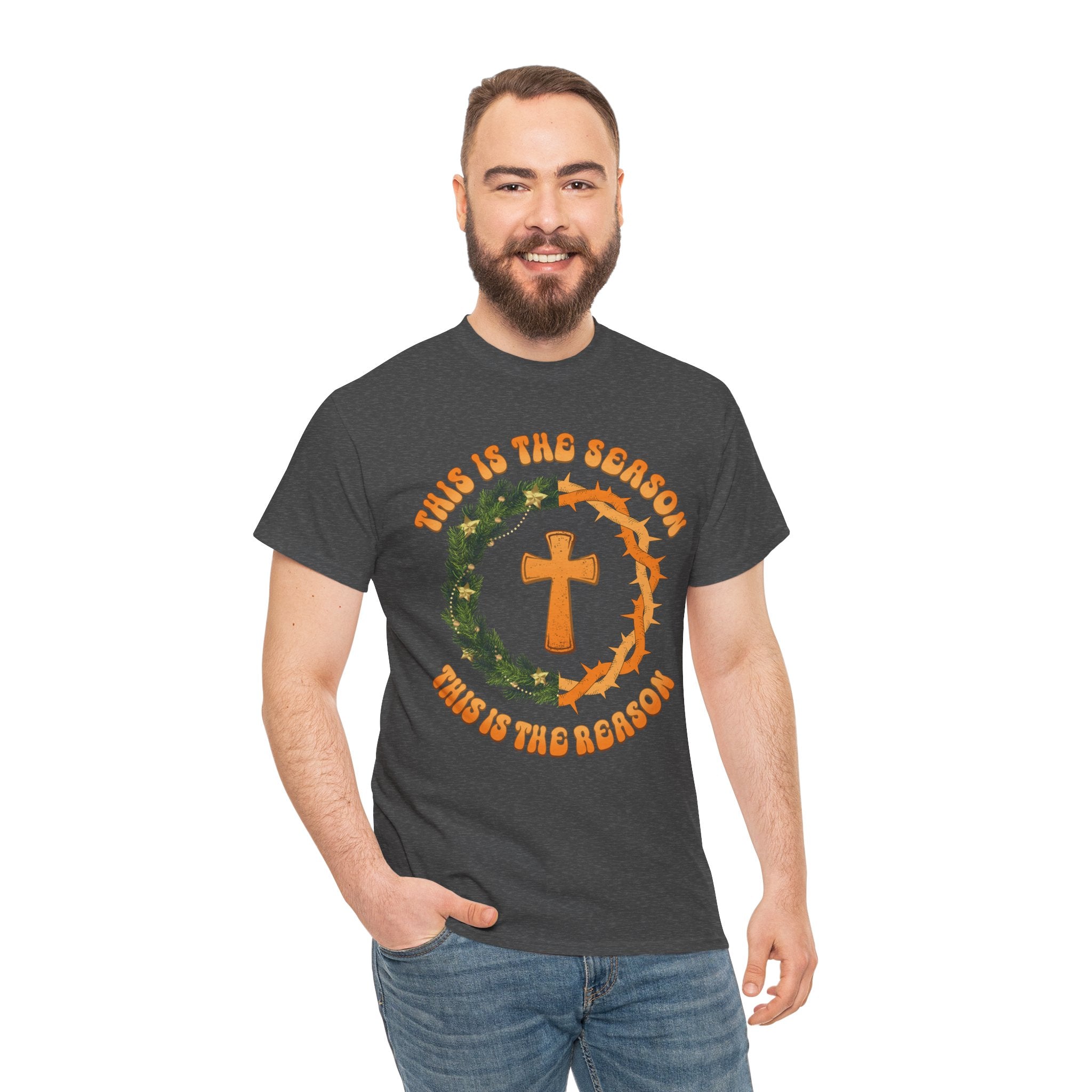 Christian T‑Shirt — "This is the Season, This is the Reason" (Golden Cross, Wreath & Crown of Thorns)..Unisex Cotton Tee