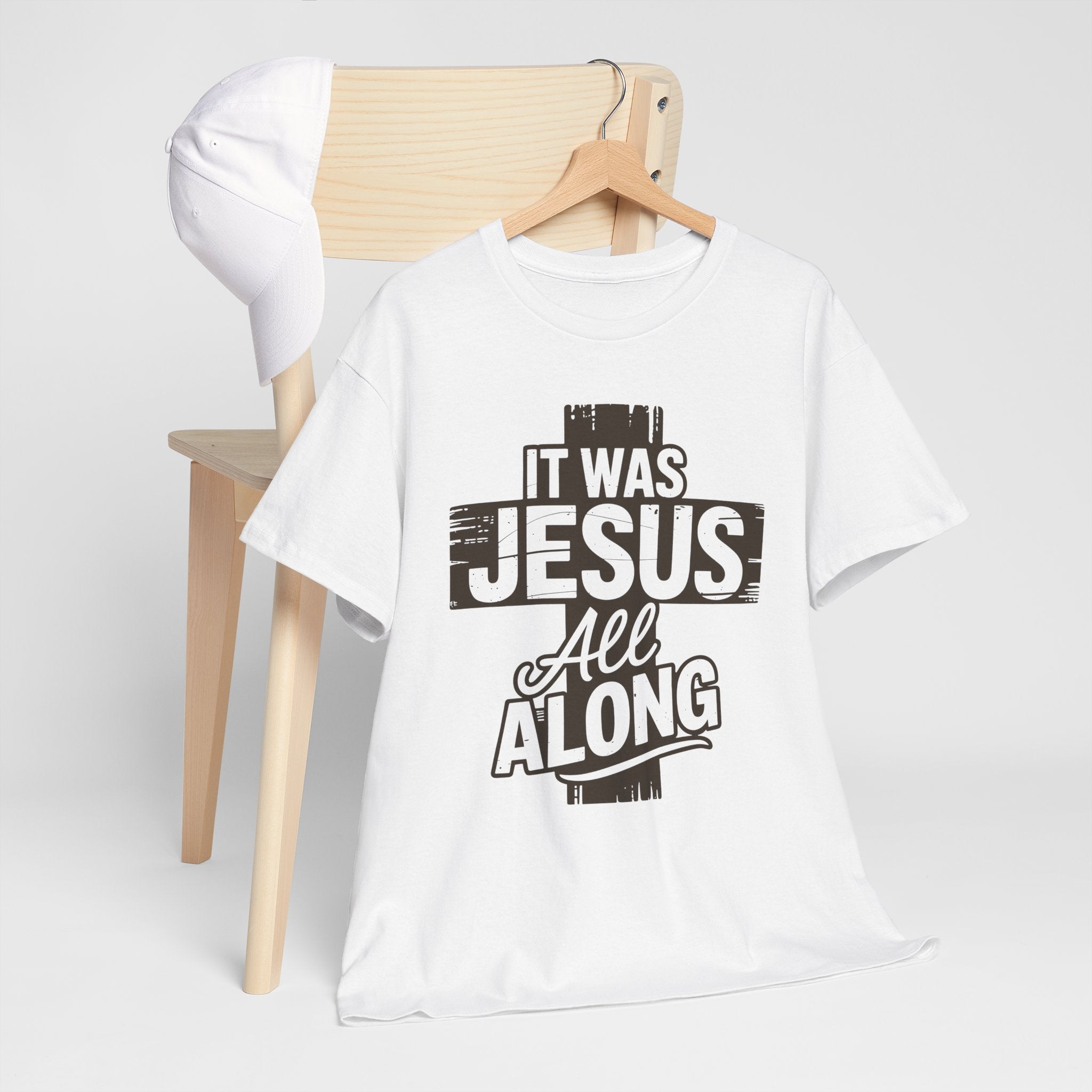 It Was Jesus All Along T-Shirt — Rustic Brown Cross Christian Unisex Cotton Tee
