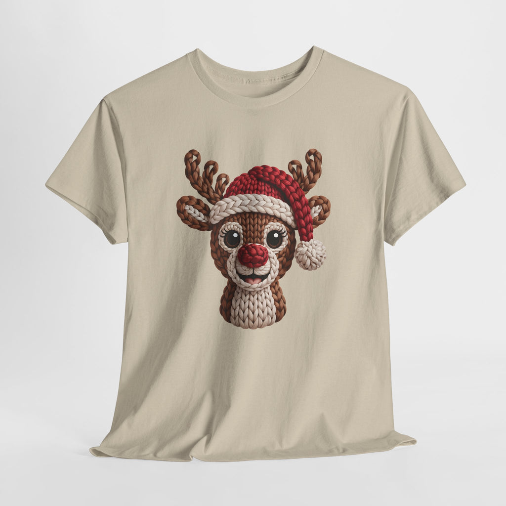 Reindeer in Santa Hat Cotton Tee — Joyful Faux-Yarn Holiday Unisex Coton T-Shirt