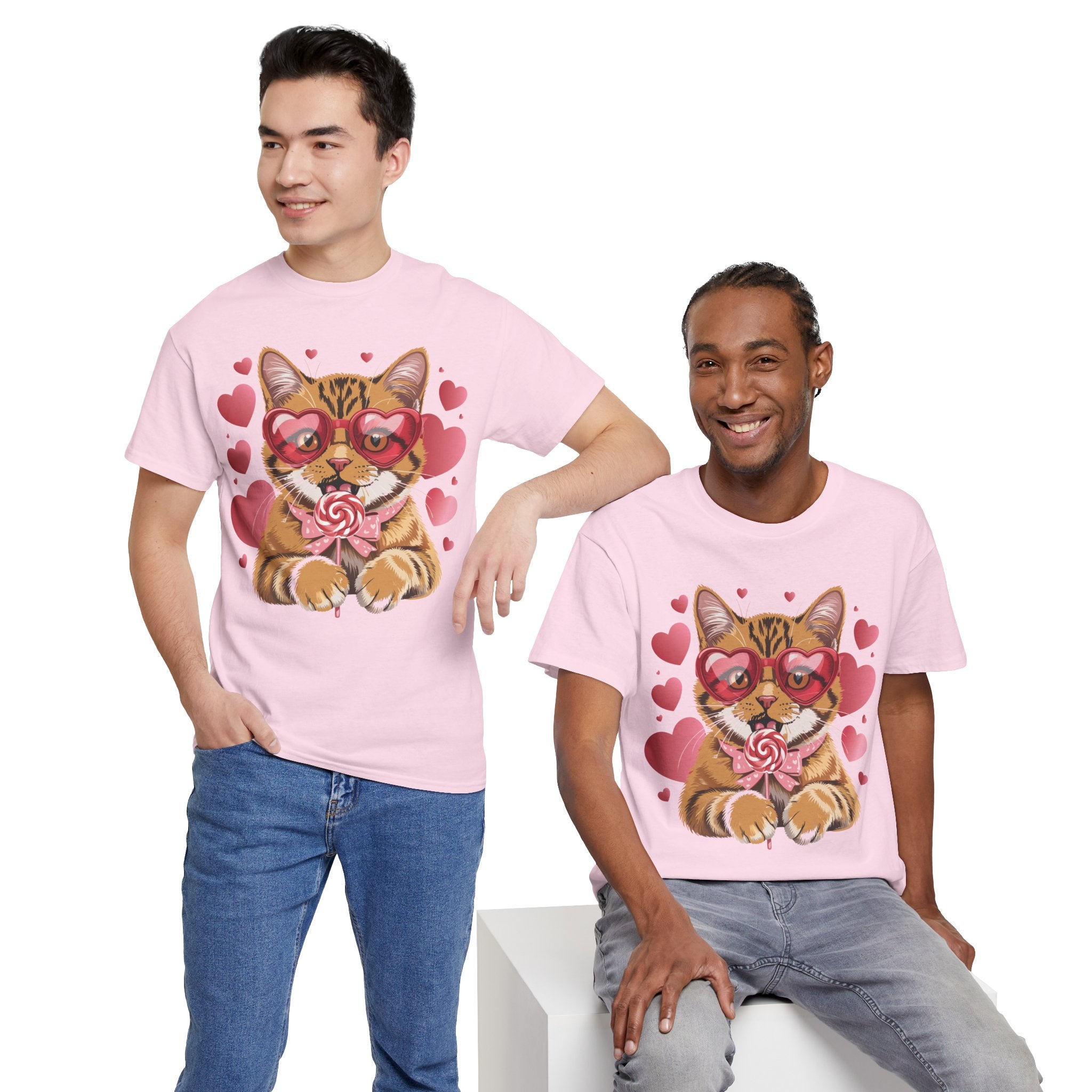 Valentine Cat Tee — Heart Glasses, Lollipop Bow Unisex Cotton Tee