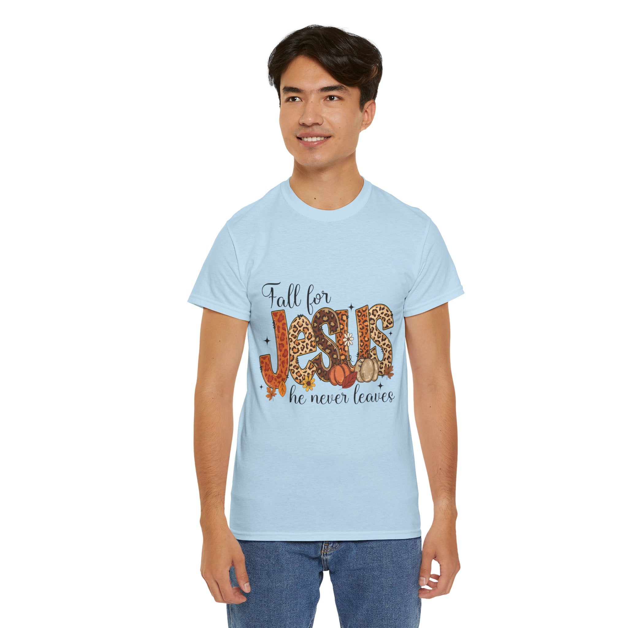 JESUS Leopard Print Fall T-Shirt — Pumpkins, Leaves & Floral Christian Unisex Cotton Tee