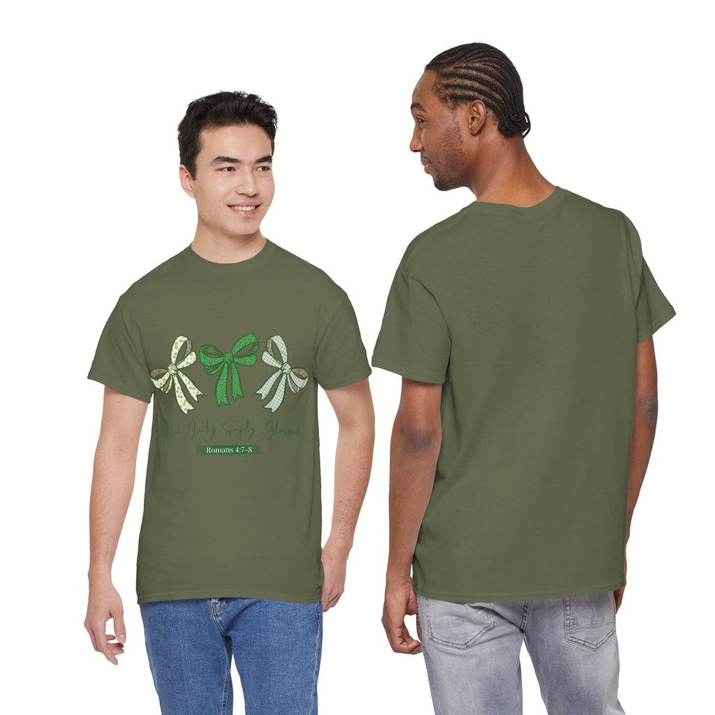 Not Lucky Simply Blessed Tee — Romans 4:7-8 Green Bow Christian Unisex Cotton T-Shirt