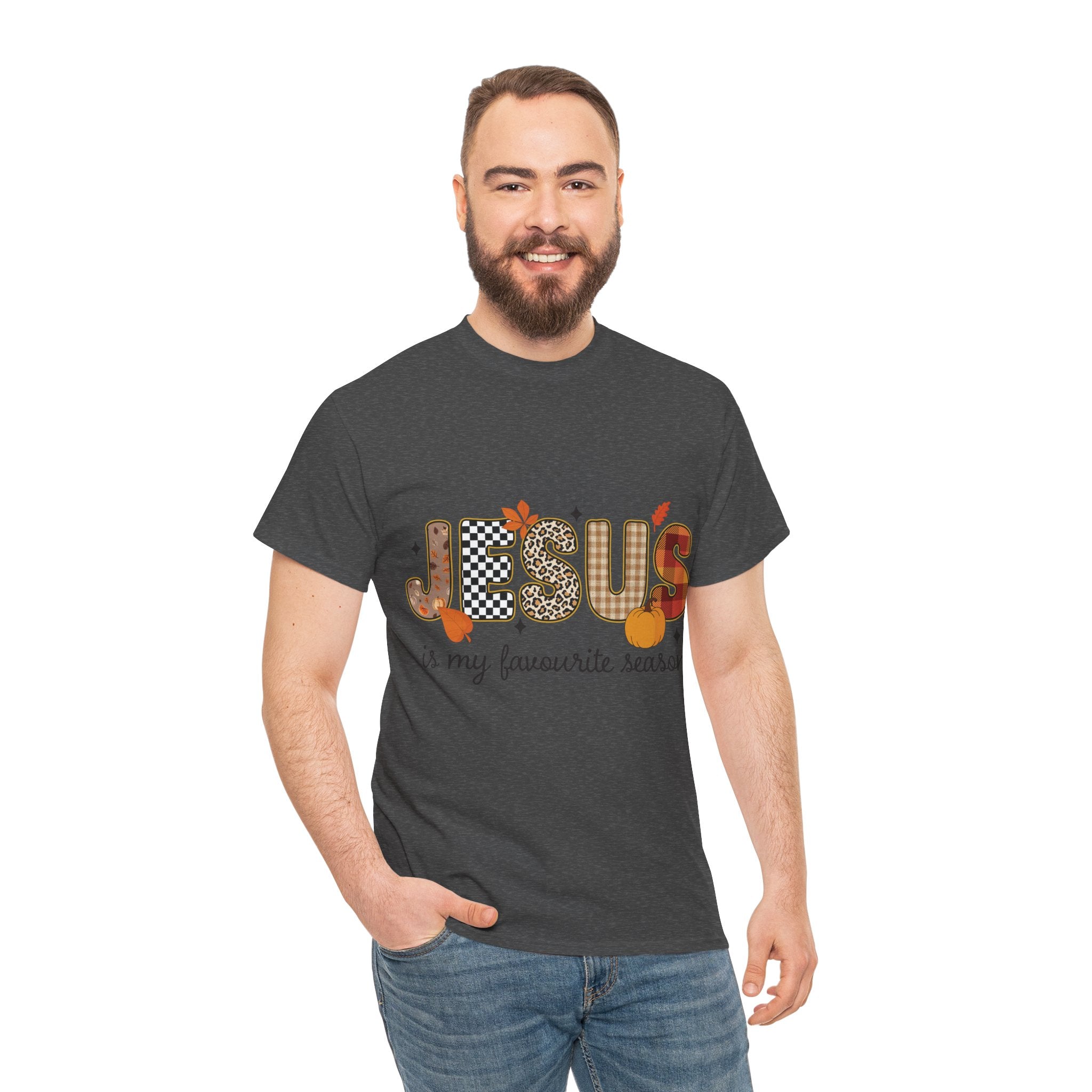 Jesus Is My Favorite Season Tee — Autumn Plaid & Leopard Lettering Unisex Cotton Tee