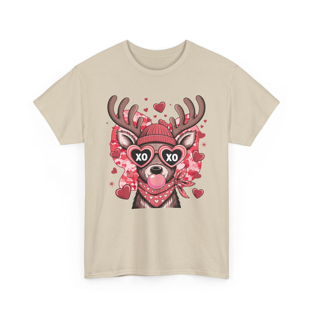 Valentine Deer Tee — Cute XO Heart Glasses, Beanie & Scarf Unisex Cotton Tshirt