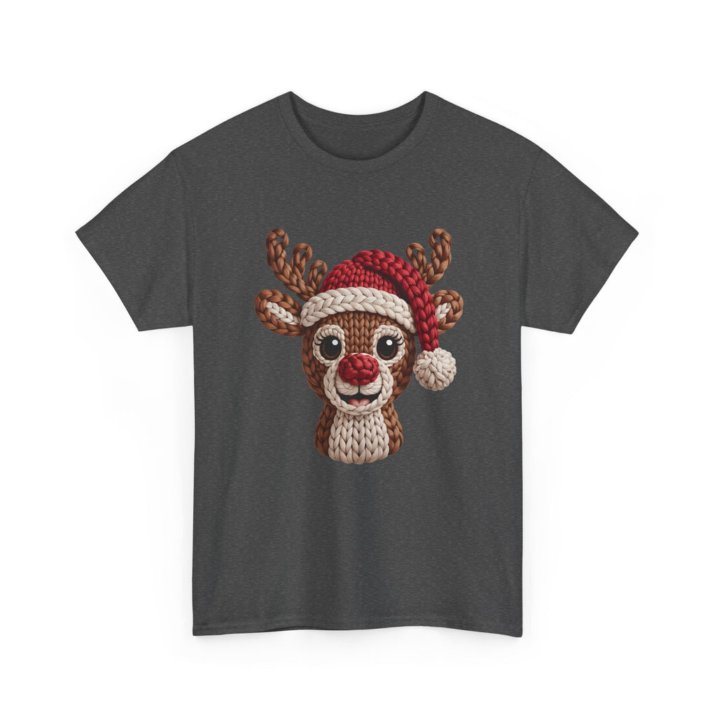 Reindeer in Santa Hat Cotton Tee — Joyful Faux-Yarn Holiday Unisex Coton T-Shirt