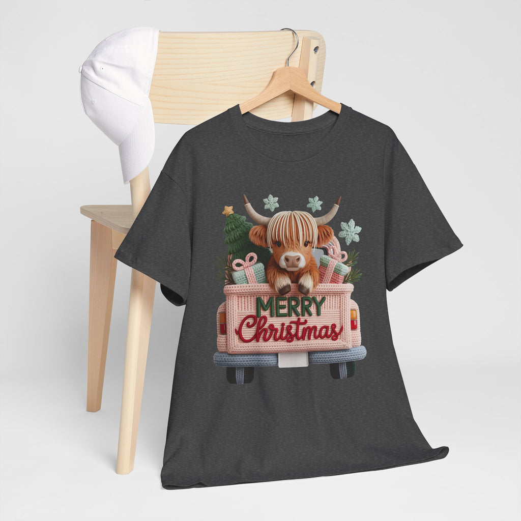 Merry Christmas Highland Cow Knit Truck Unisex Cotton T-Shirt