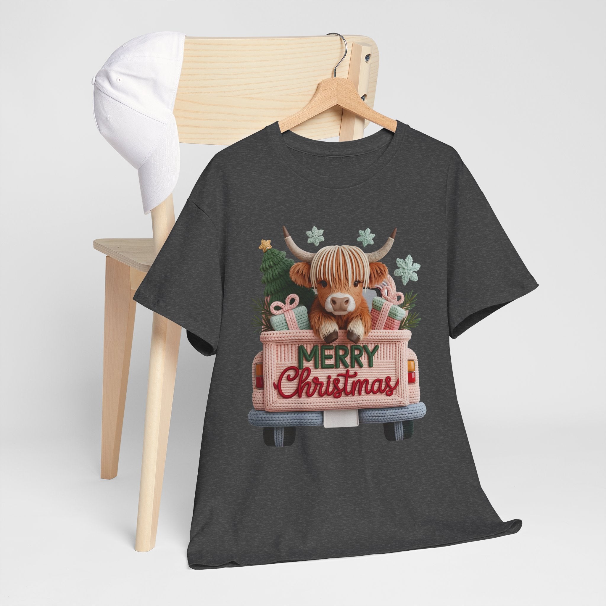 Merry Christmas Highland Cow Knit Truck Unisex Cotton T-Shirt