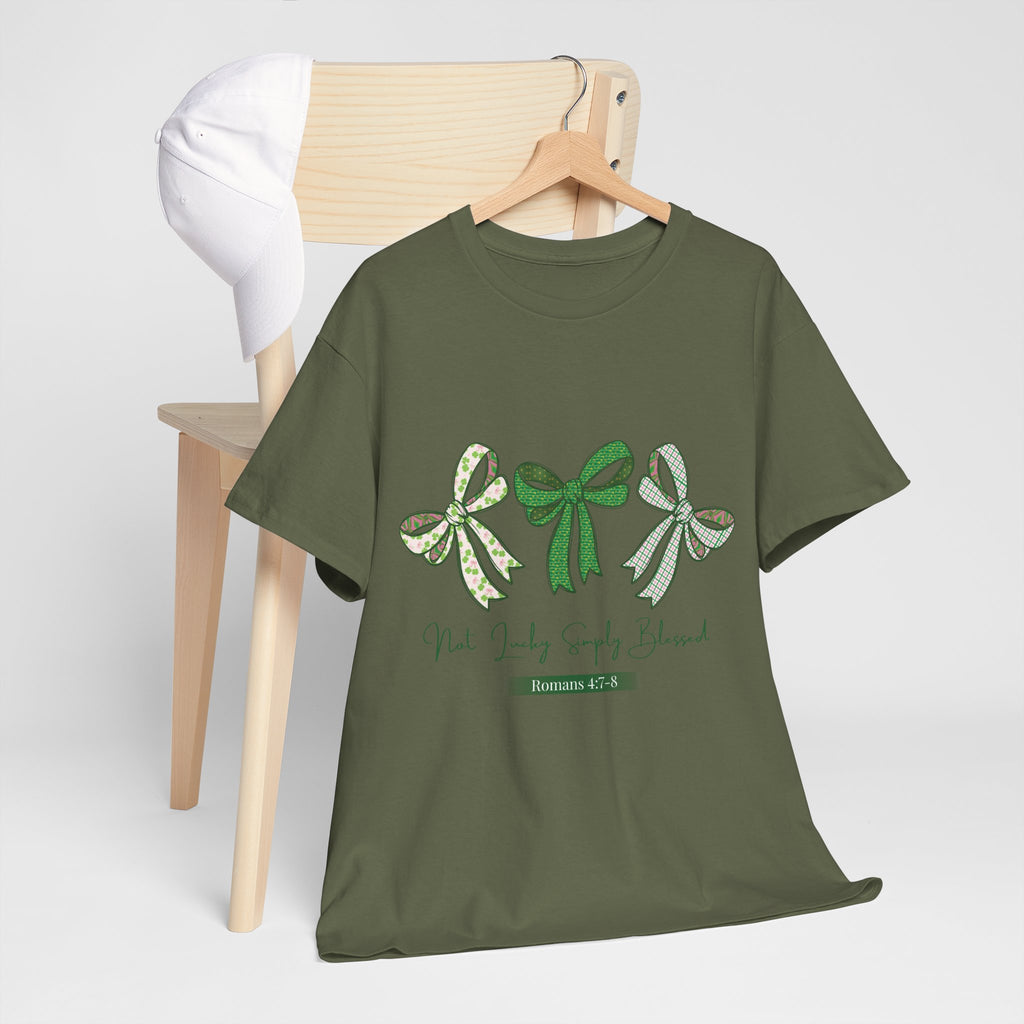 Not Lucky Simply Blessed Tee — Romans 4:7-8 Green Bow Christian Unisex Cotton T-Shirt
